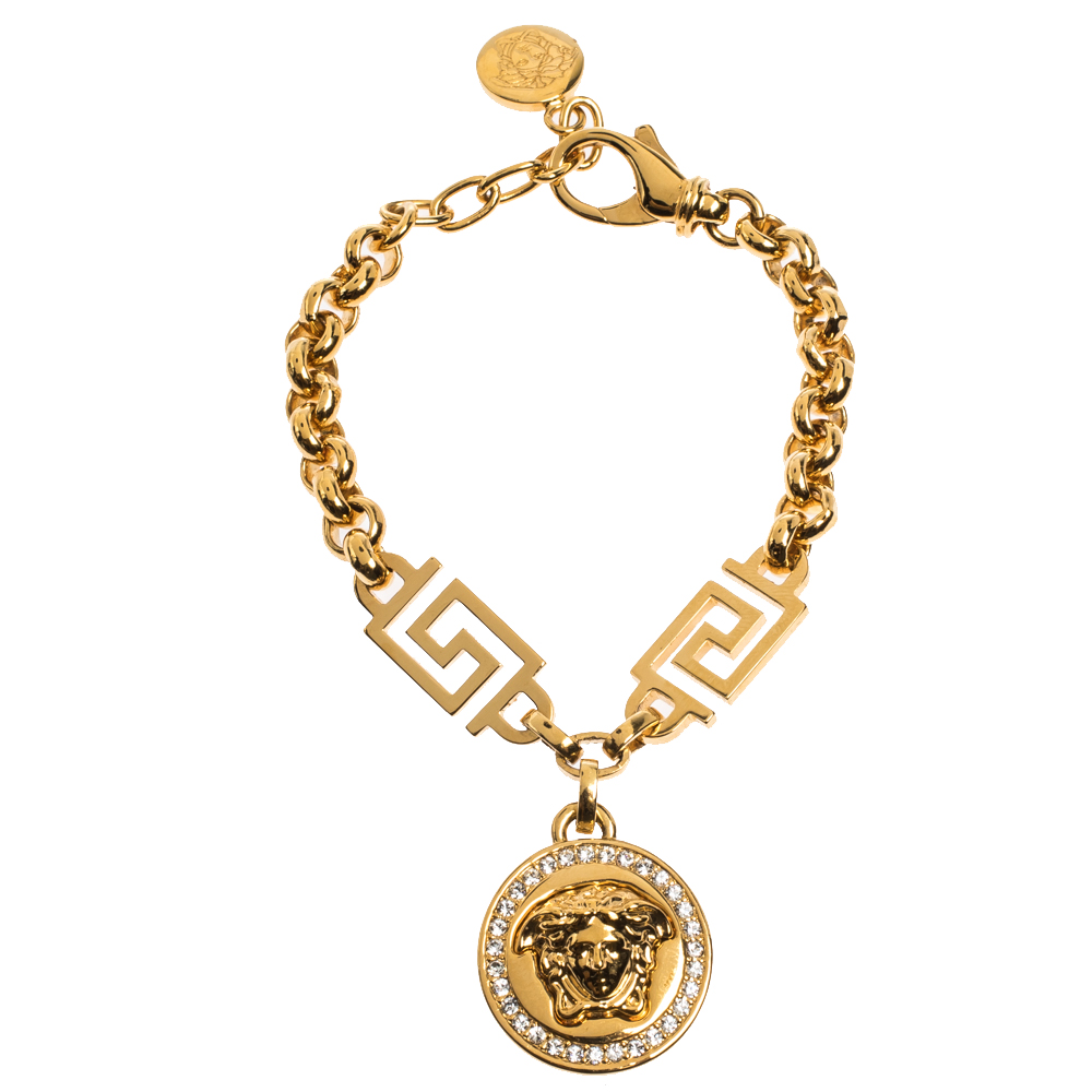 Versace Crystal Medusa Medallion Greca Gold Tone Chain Bracelet Versace