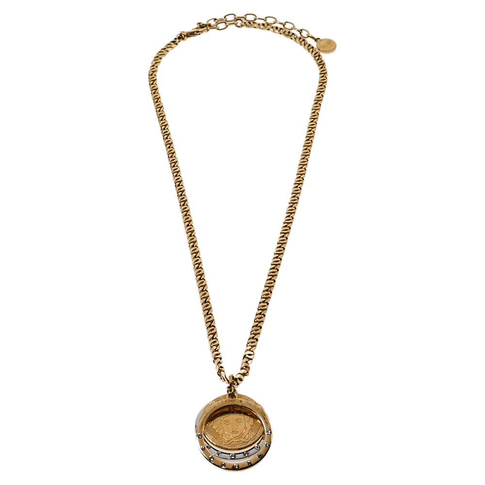 

Versace Gold Tone Crystal Triple Halo Medusa Pendant Necklace