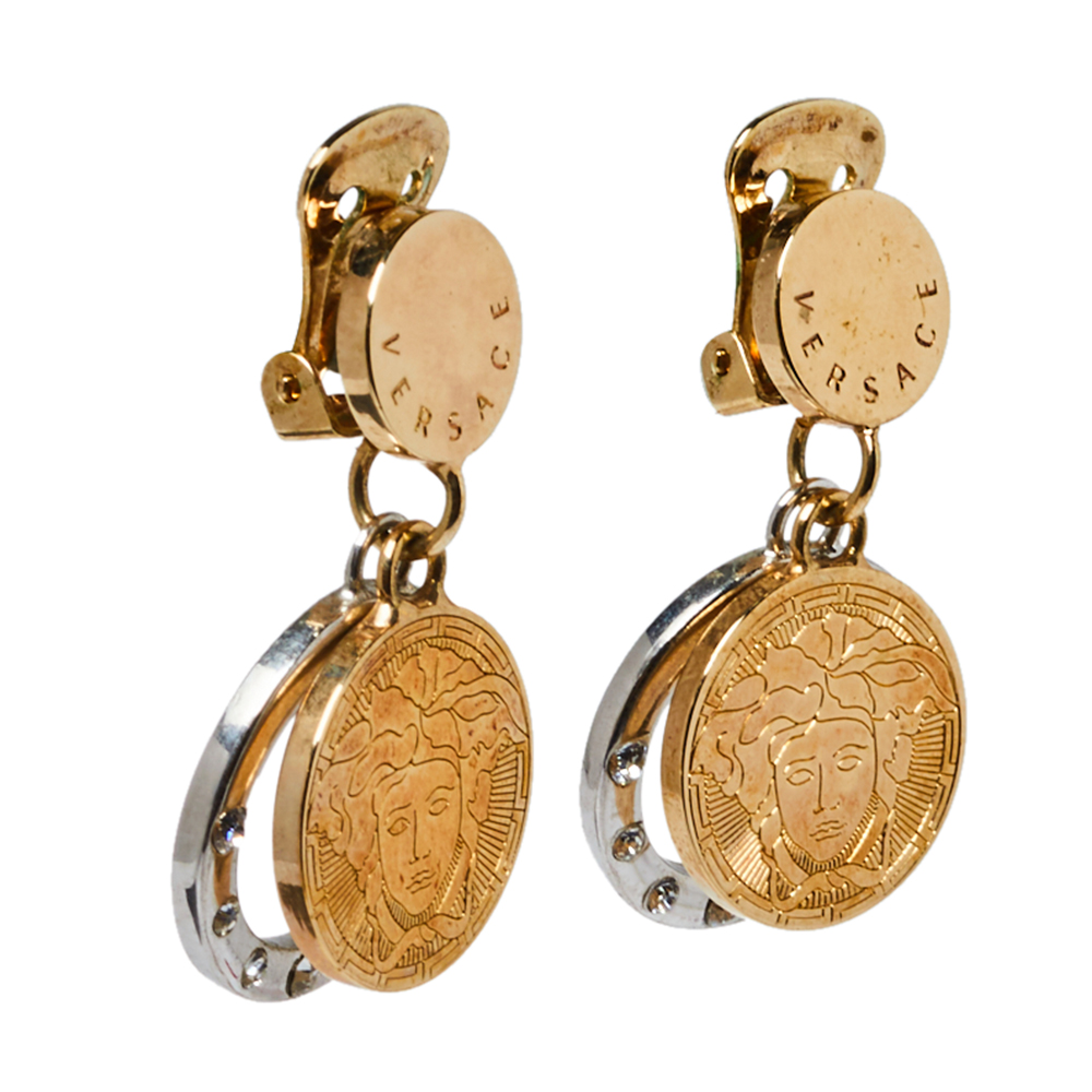 

Versace Two Tone Crystal Halo Medusa Drop Clip On Earrings, Gold