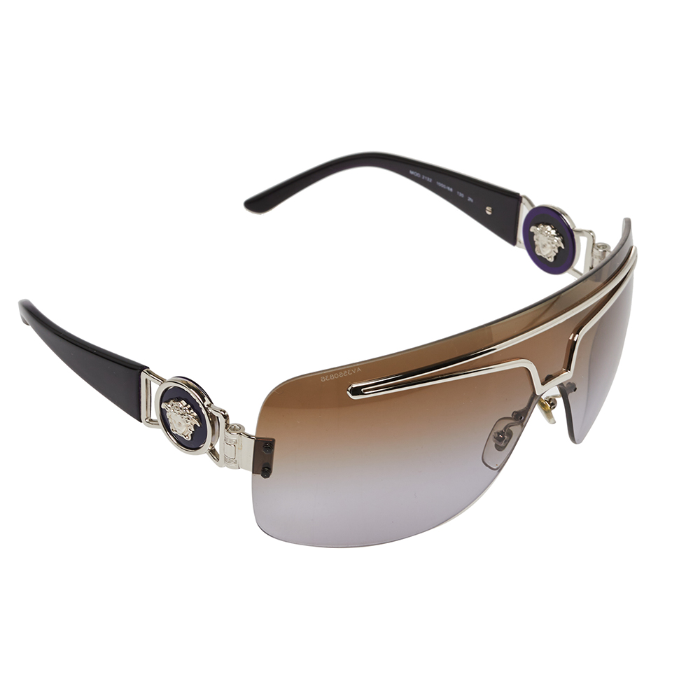 Pre-owned Versace Silver Tone/ Bicolor Gradient 2132 Shield Sunglasses In Brown