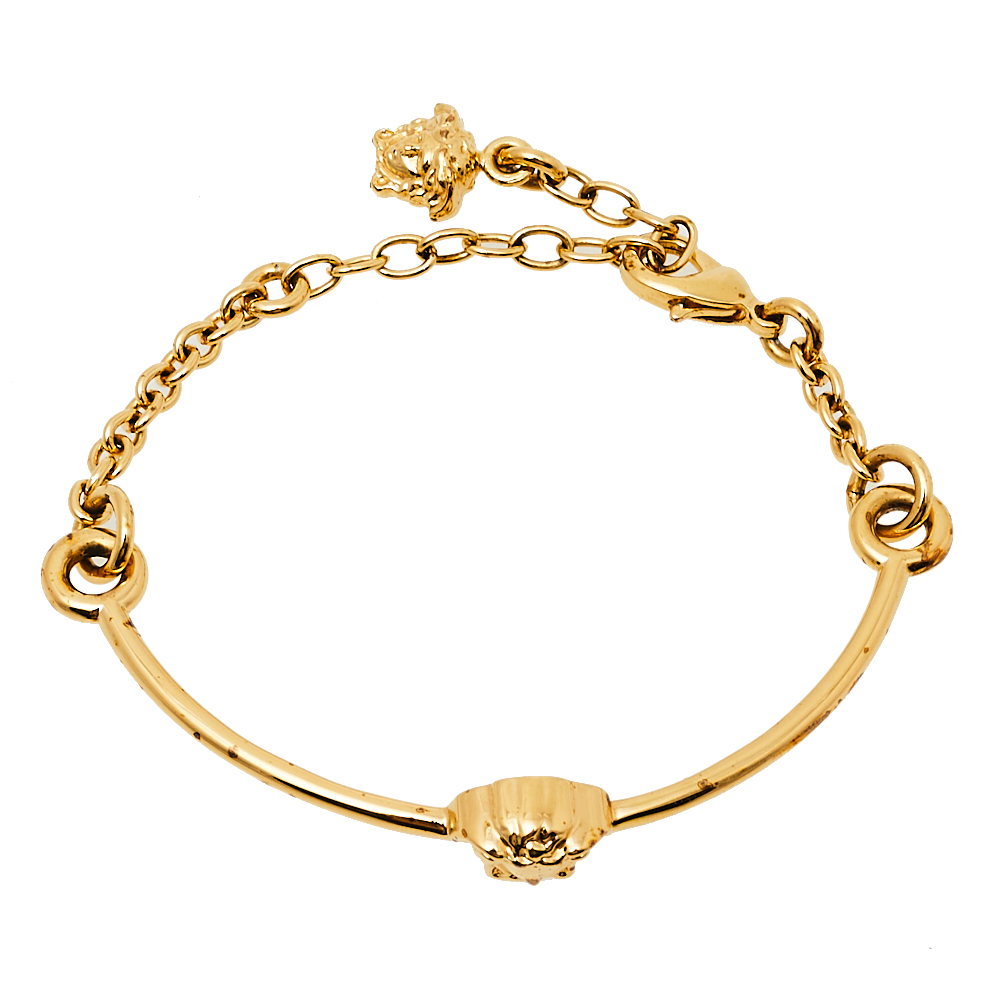 Pre-owned Versace Gold Tone Medusa Chain Link Cuff Bracelet