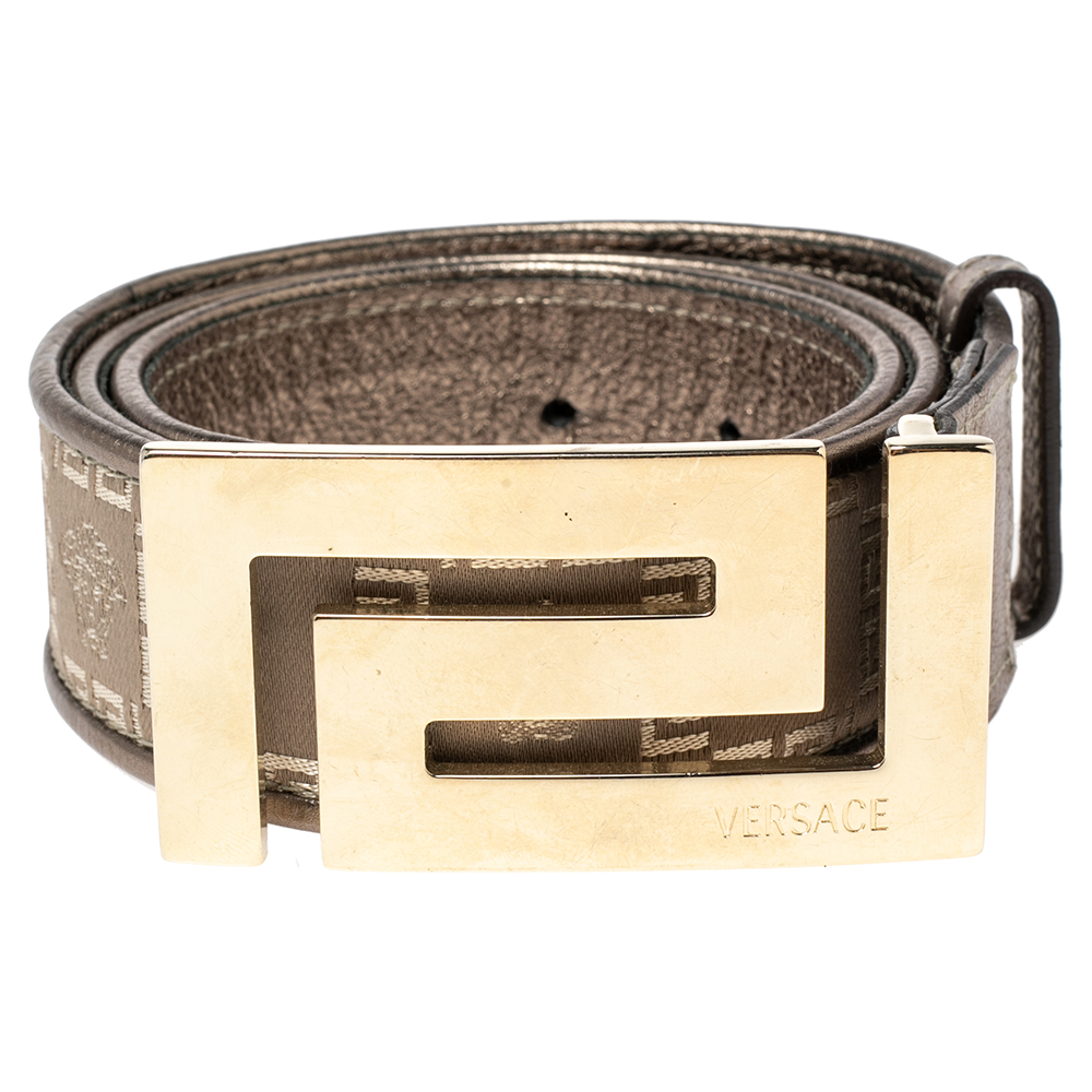 

Versace Metallic Grey Signature Fabric and Leather Trim Greca Buckle Belt