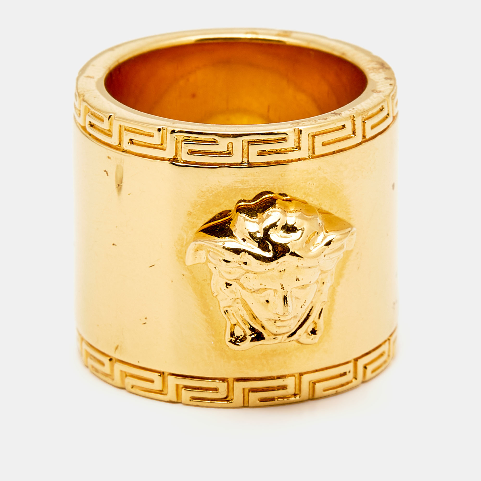 

Versace Medusa Greek Key Gold Tone Metal Wide Band Ring Size