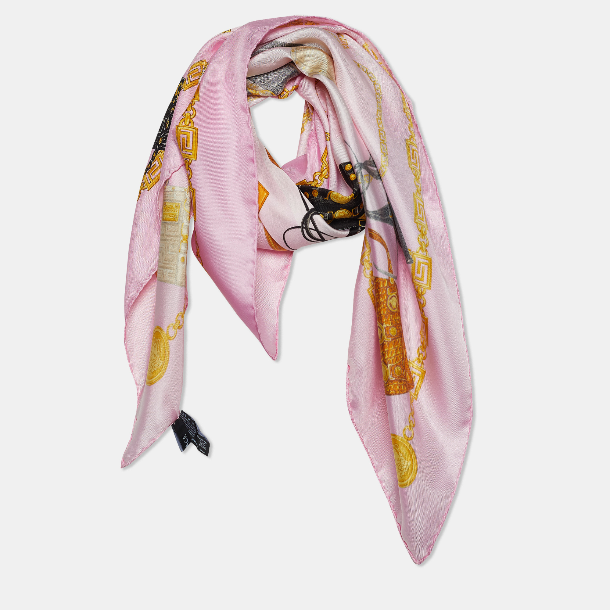 

Versace Pink Bags & Chain Print Silk Scarf