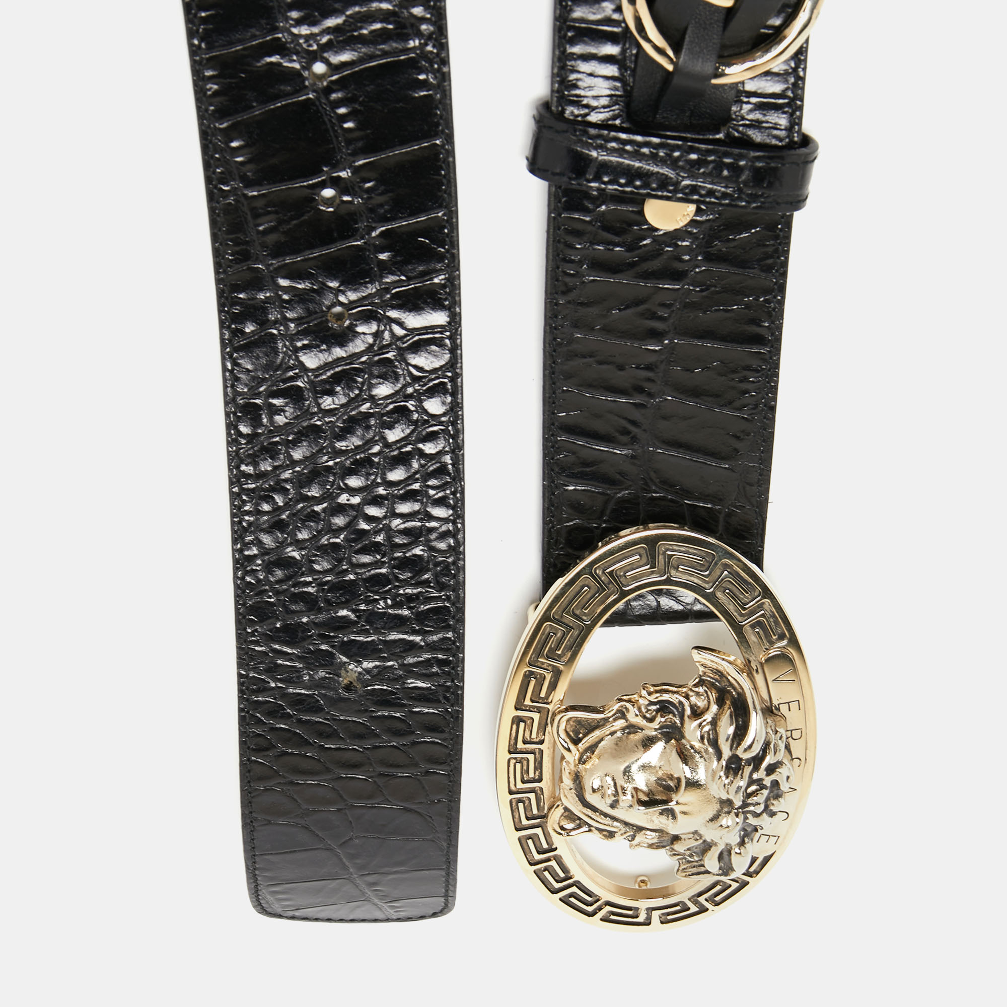

Versace Black Croc Embossed Leather Medusa Wait Buckle Belt