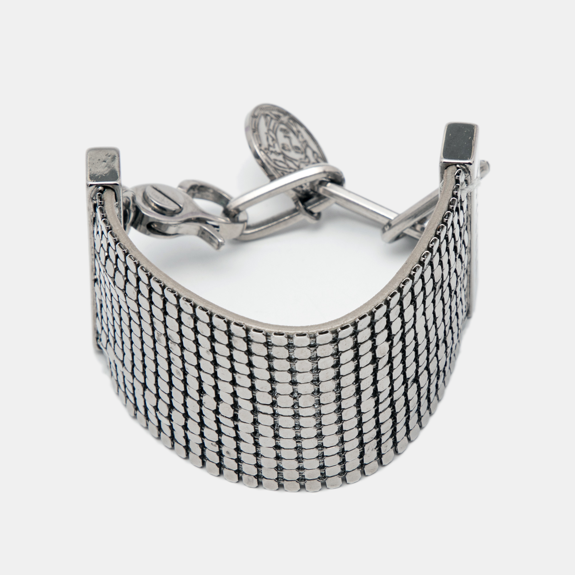 Pre-owned Versace Medusa Leather Silver Tone Metal Mesh Bracelet