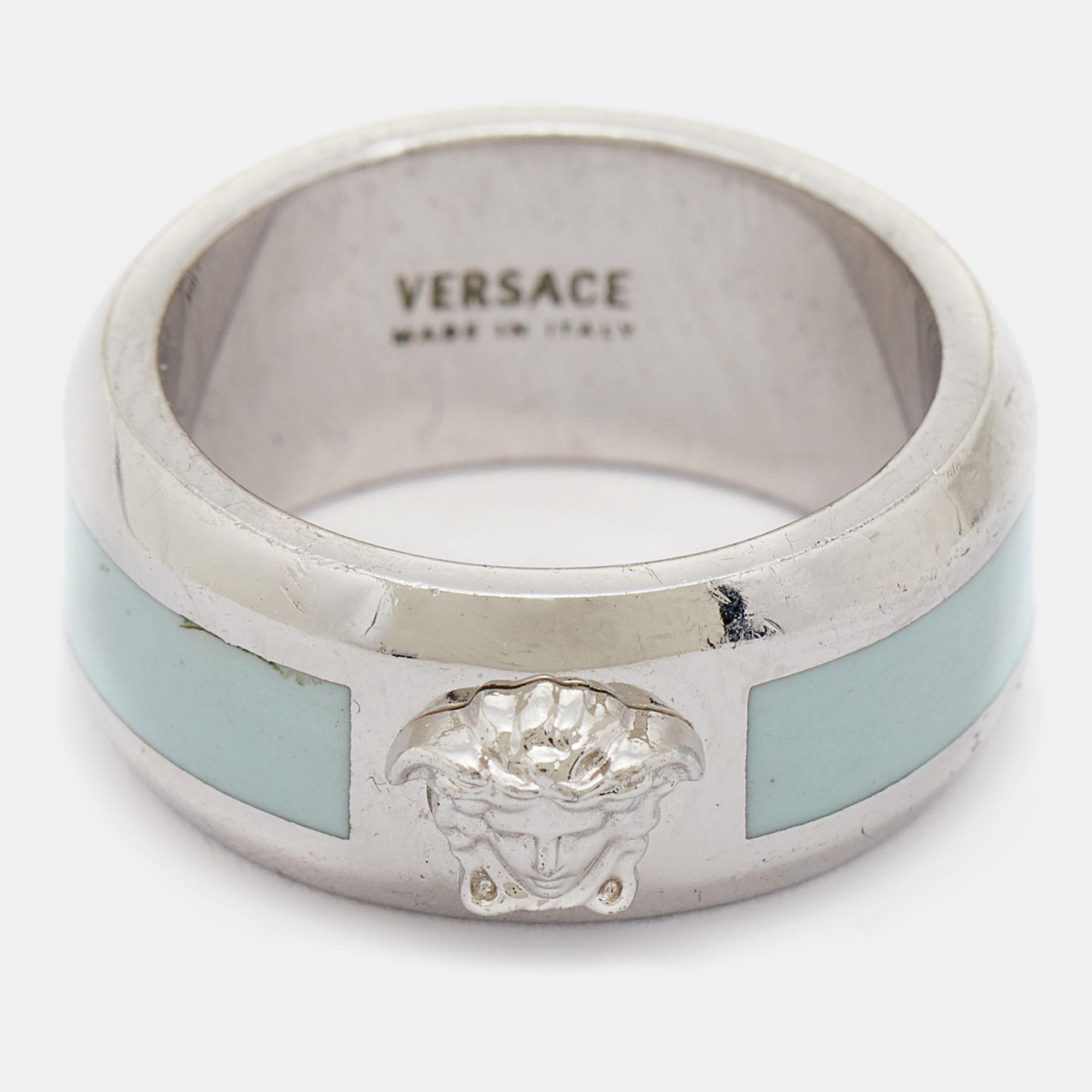 

Versace Silver Tone Blue Enamel Medussa Head Band Ring EU 57