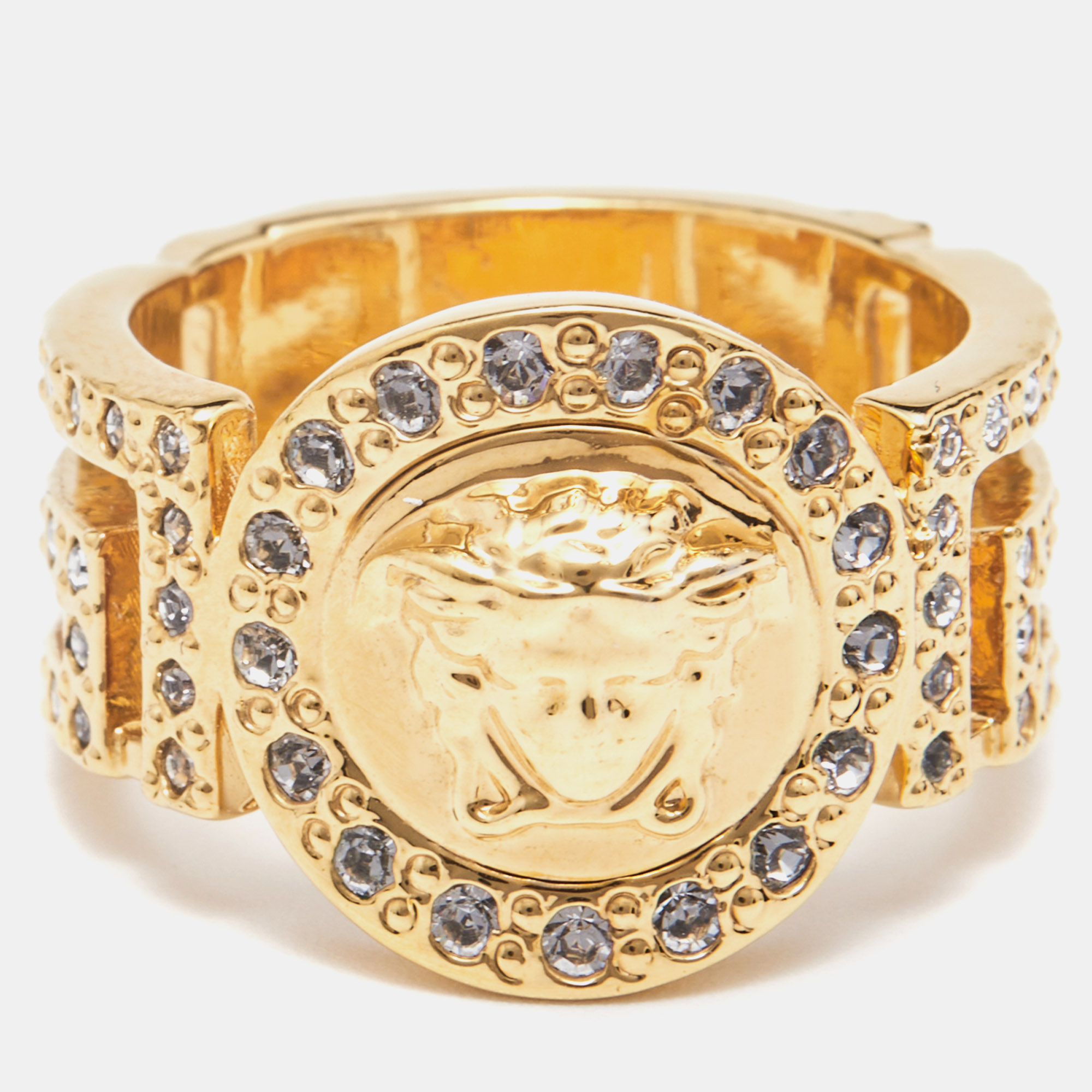 

Versace Gold Tone Crystal Studded Medusa Head Band Ring Size