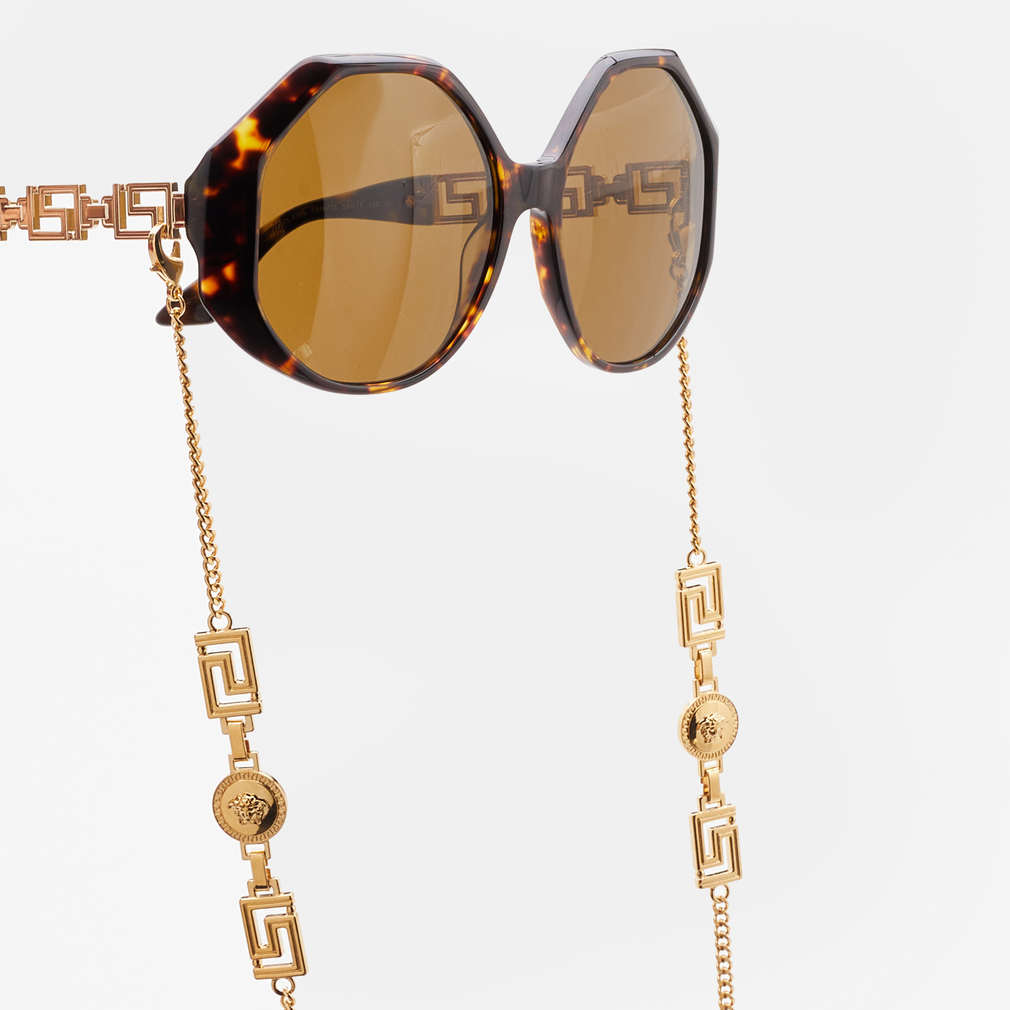 

Versace Brown Havana Acetate Gold Tone Metal Greca 4395 Oversized Geometric Sunglasses with Chain