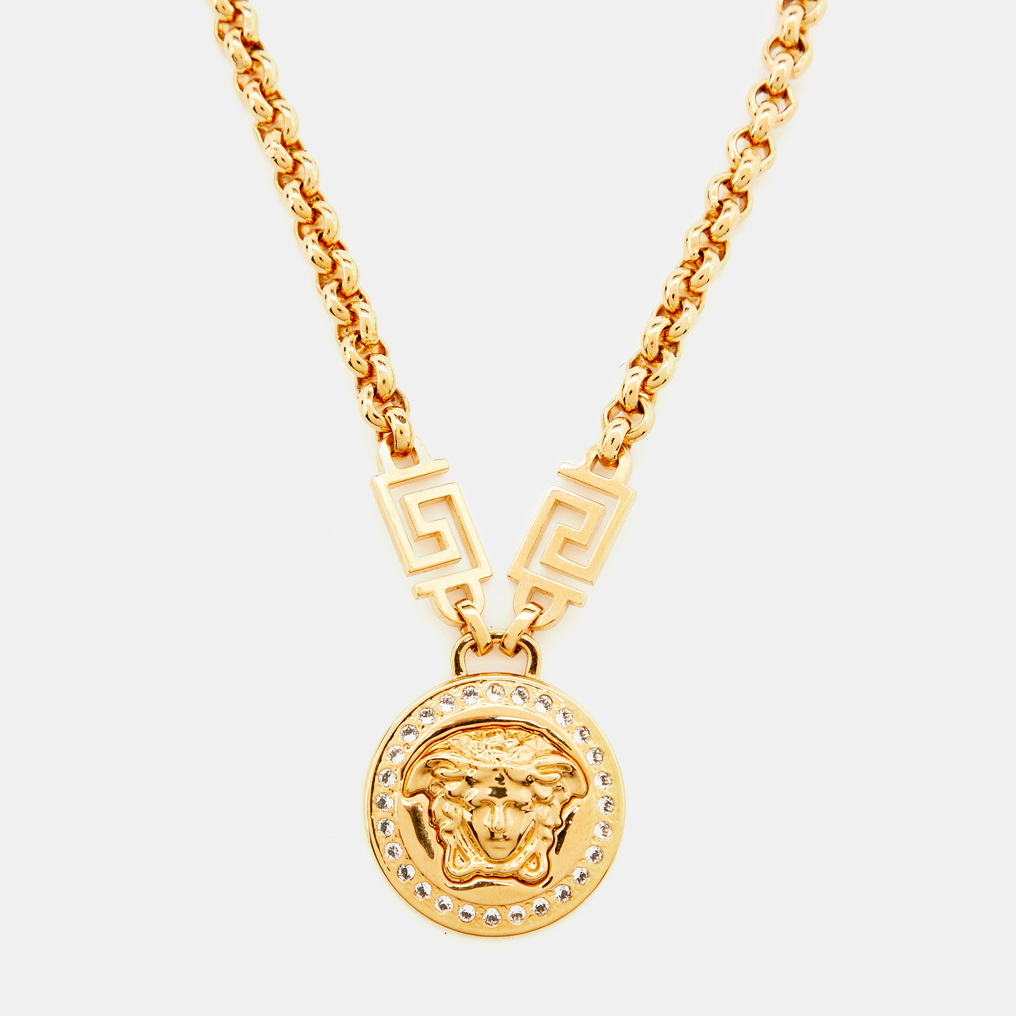 

Versace Gold Tone Crystal La Medusa Greca Chain Necklace