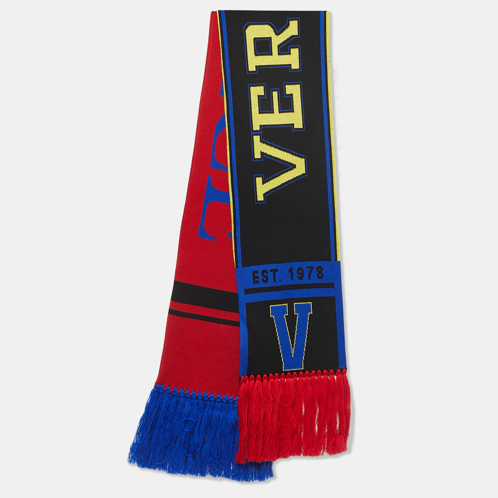 

Versace Multicolor Logo Embroidered Wool Knit Fringed Scarf