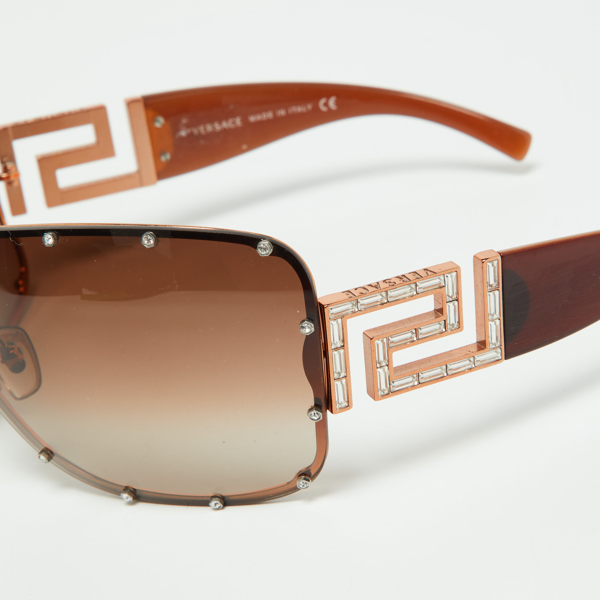

Versace Bronze Tone/Brown Gradient 2084-B Crystal Studded Shield Sunglasses