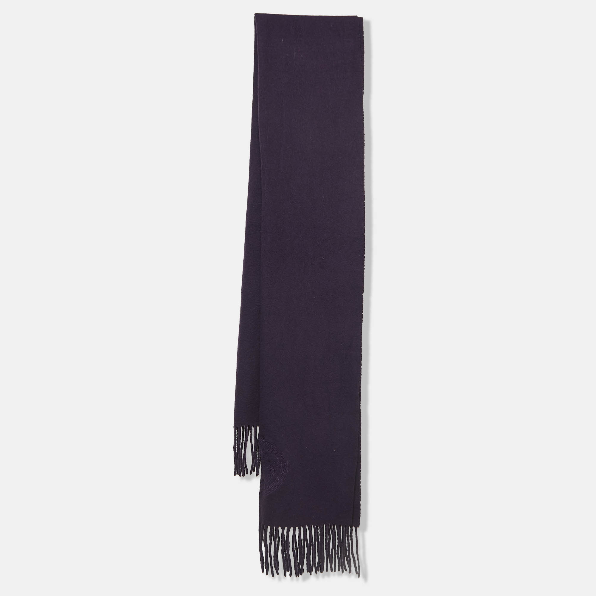Pre-owned Versace Purple Wool Logo Detail Fringed Stole