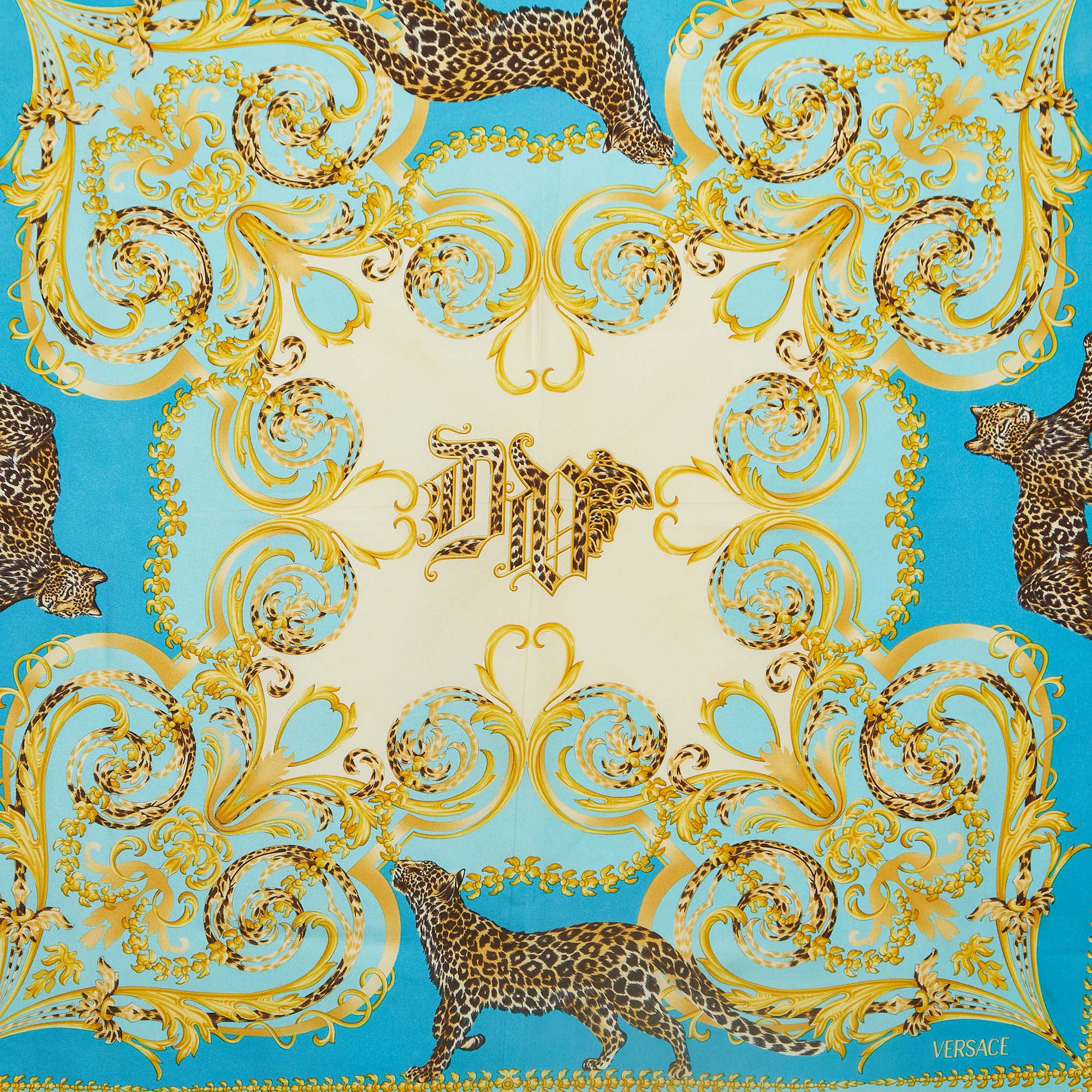 

Gianni Versace Blue Baroque Leopard Printed Silk Square Scarf