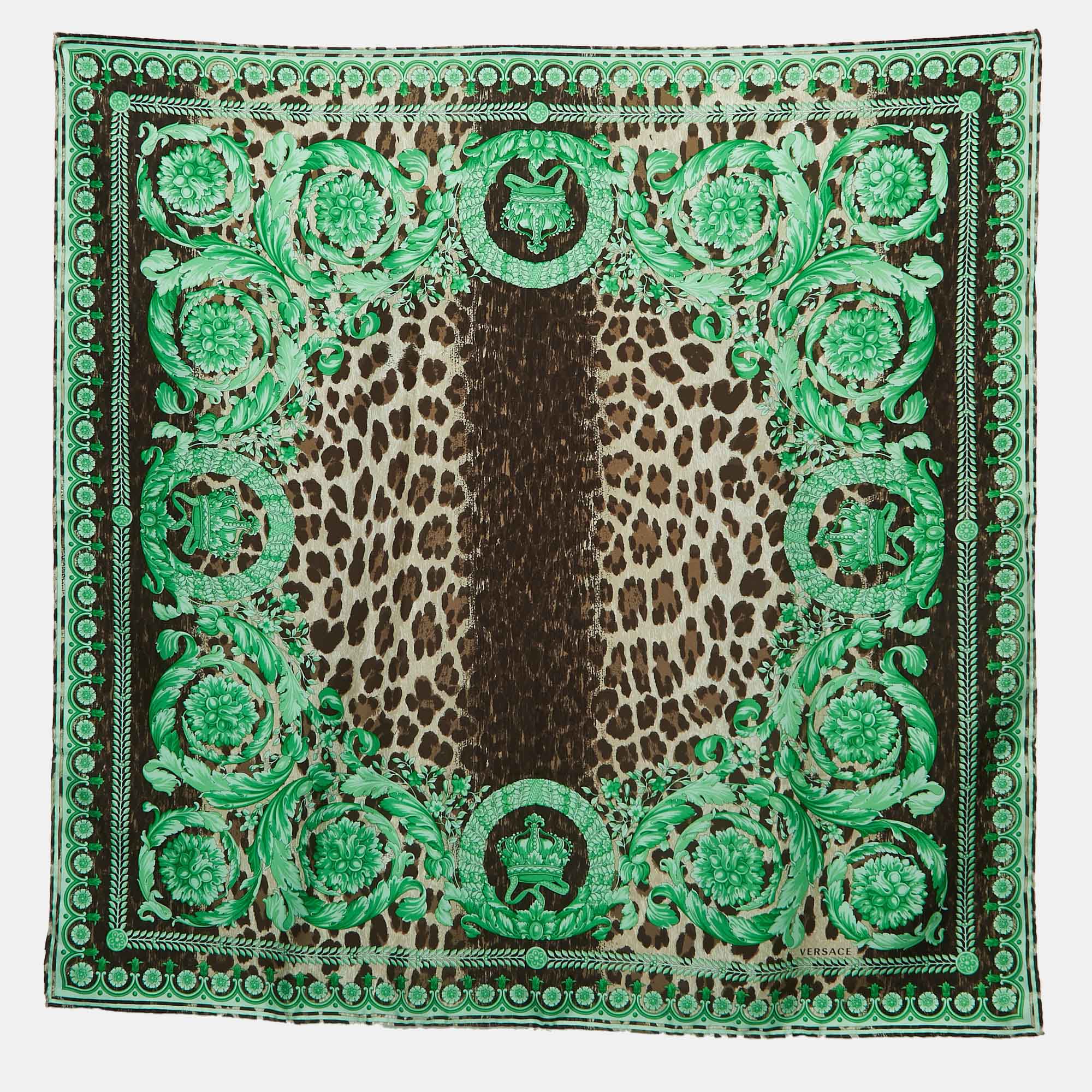 Pre-owned Versace Green Animal & Baroque Print Silk Square Scarf