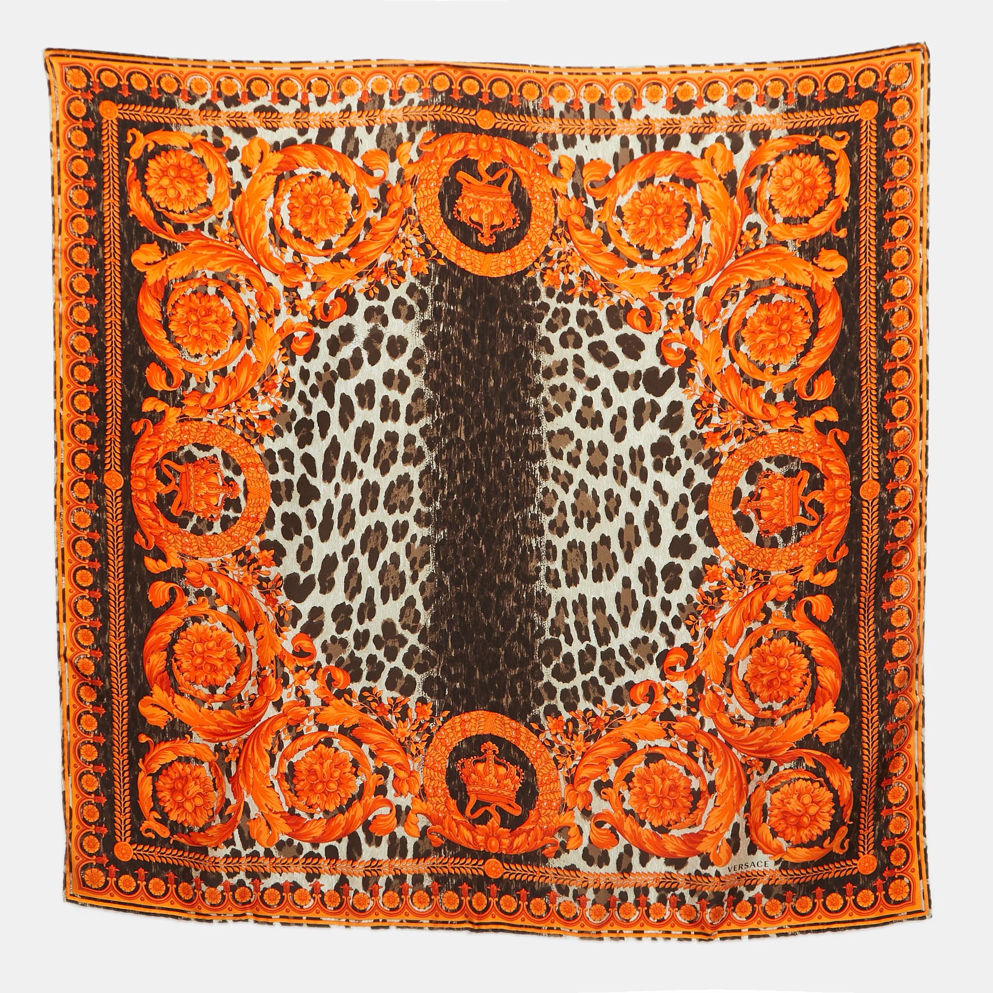 

Versace Orange Animal & Baroque Print Silk Scarf