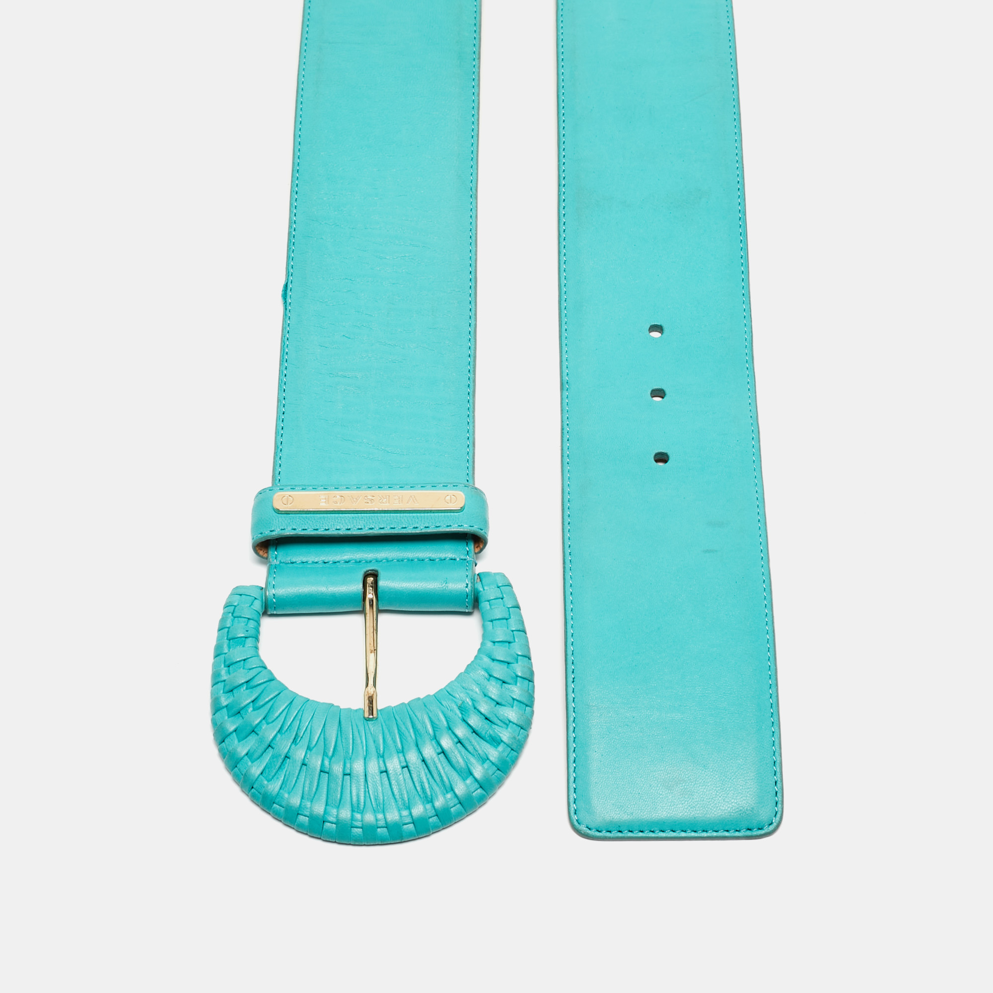 

Versace Blue Turquoise Leather and Canvas Woven Buckle Belt