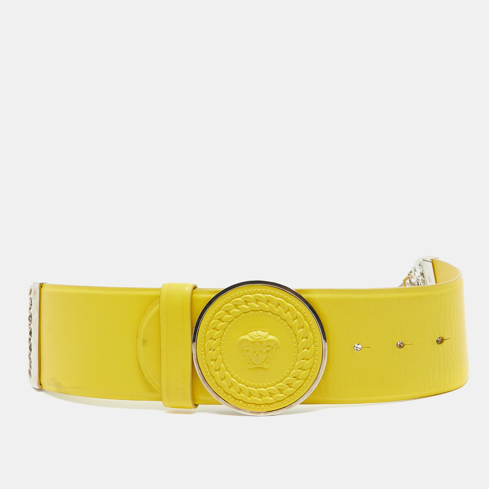 Pre-owned Versace Yellow Leather And Chainlink Medussa Round Belt 75cm