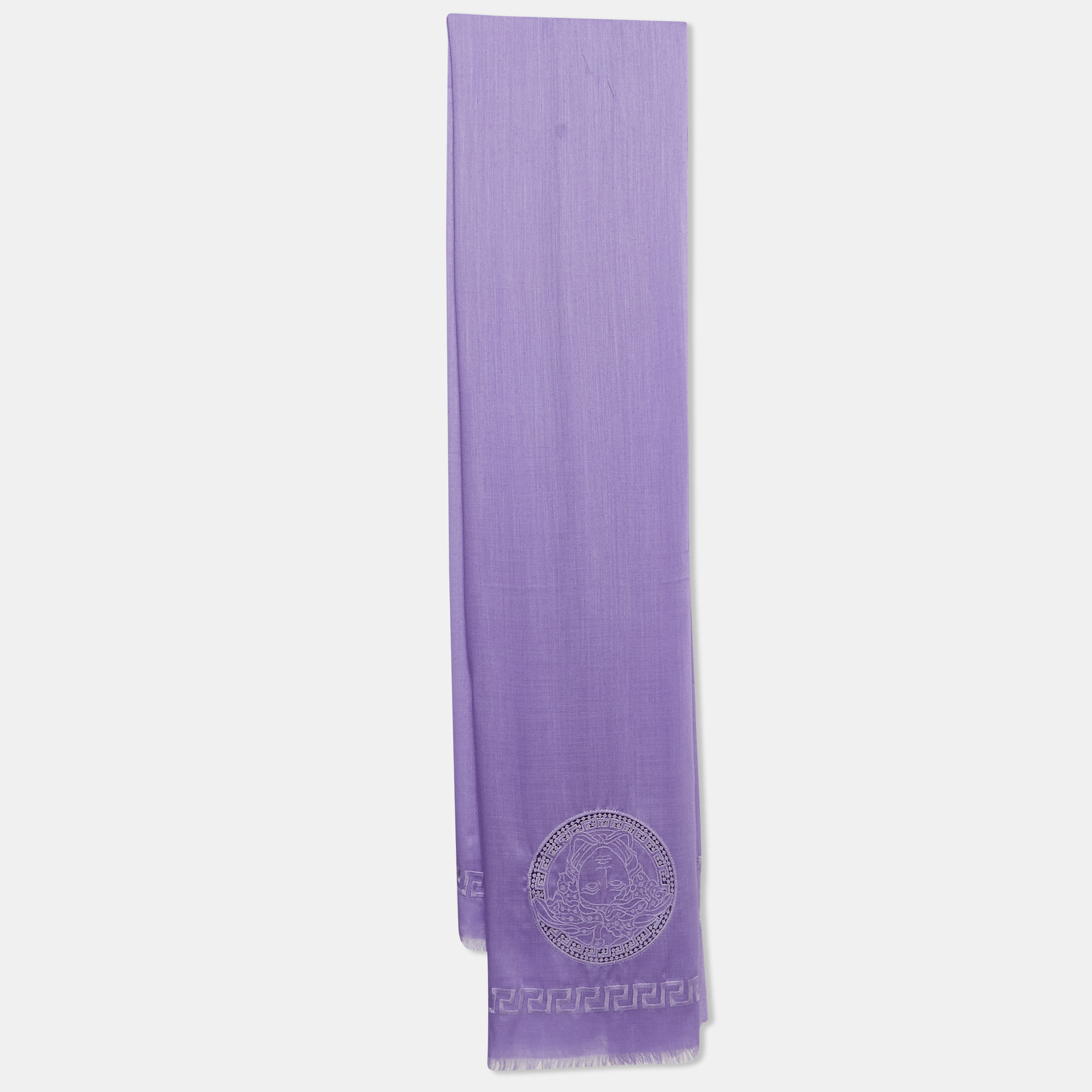 Pre-owned Versace Purple Medusa Embroidered Cashmere Scarf