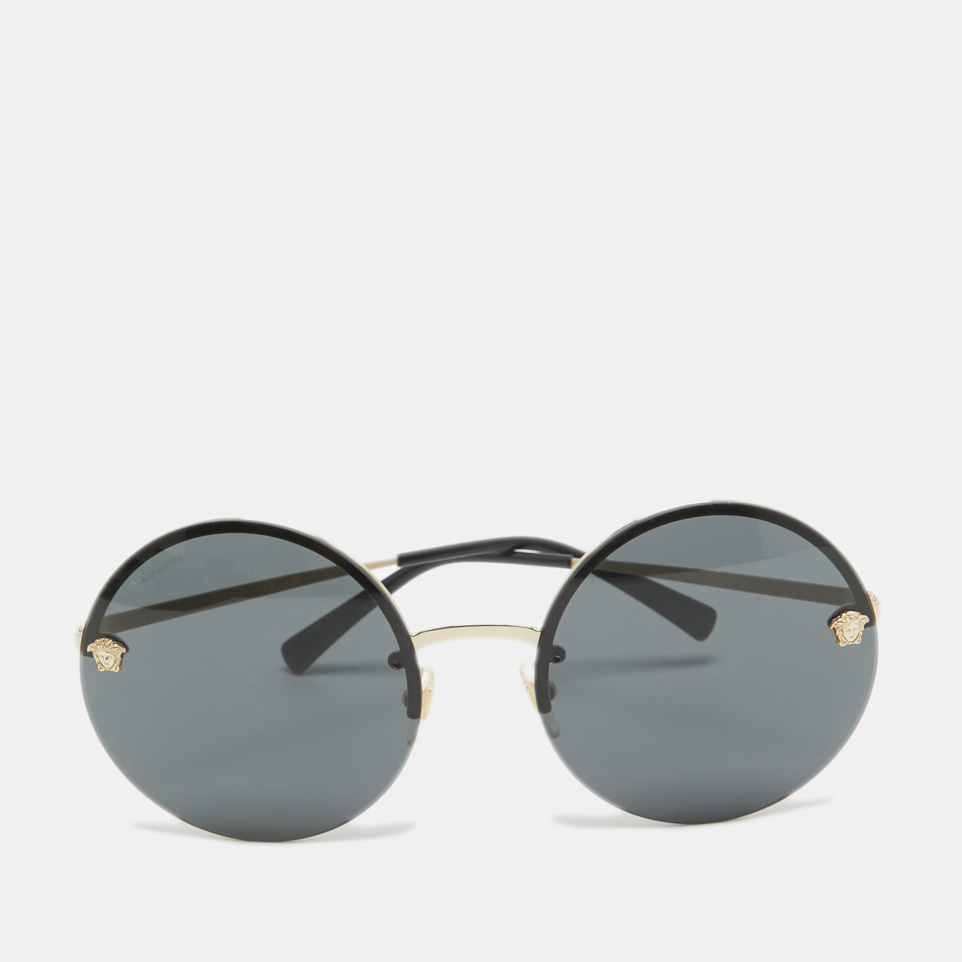 Pre-owned Versace Black/gold Smu 04q Medusa Round Sunglasses