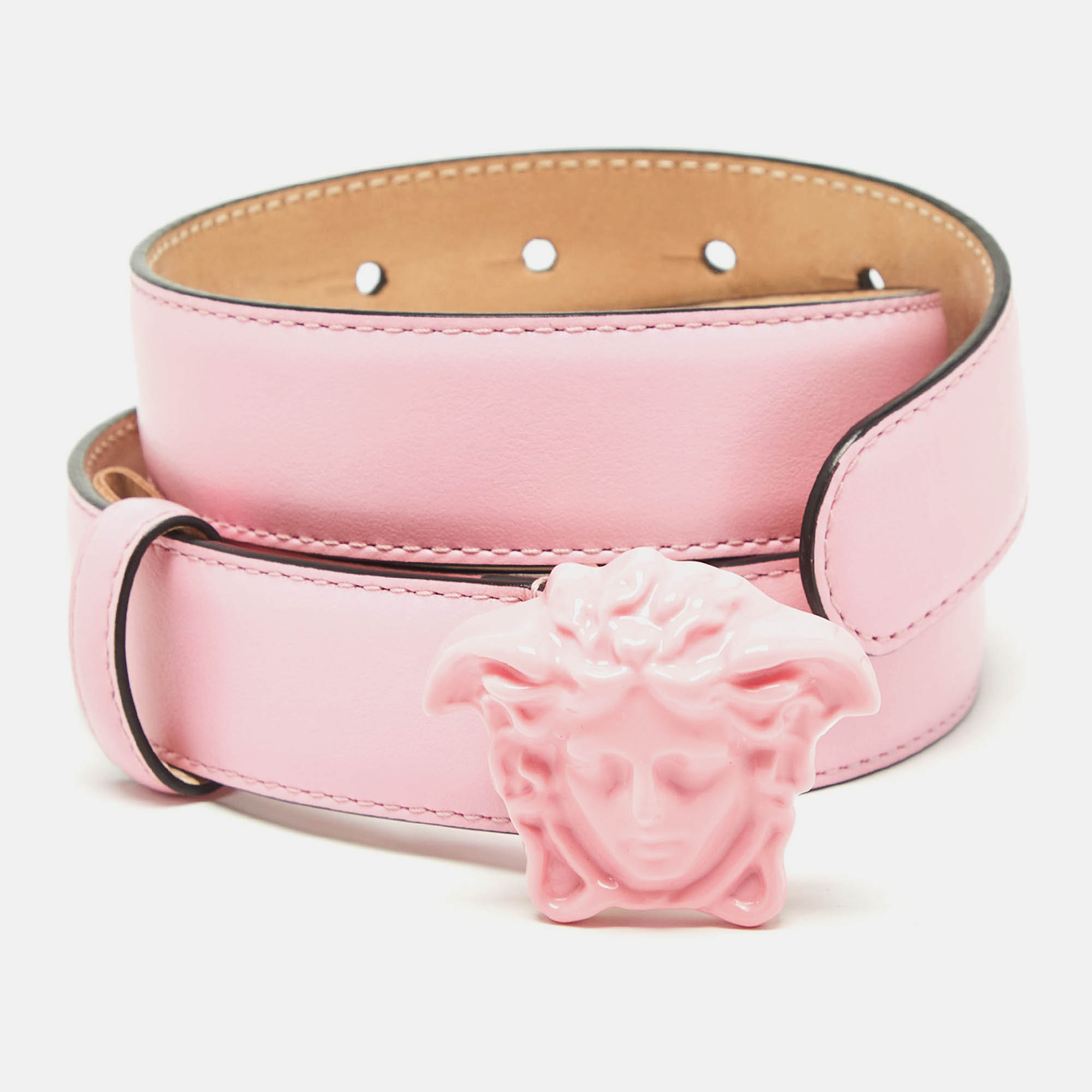 Pre-owned Versace Pink Leather Medusa Head Buckle Belt 85cm