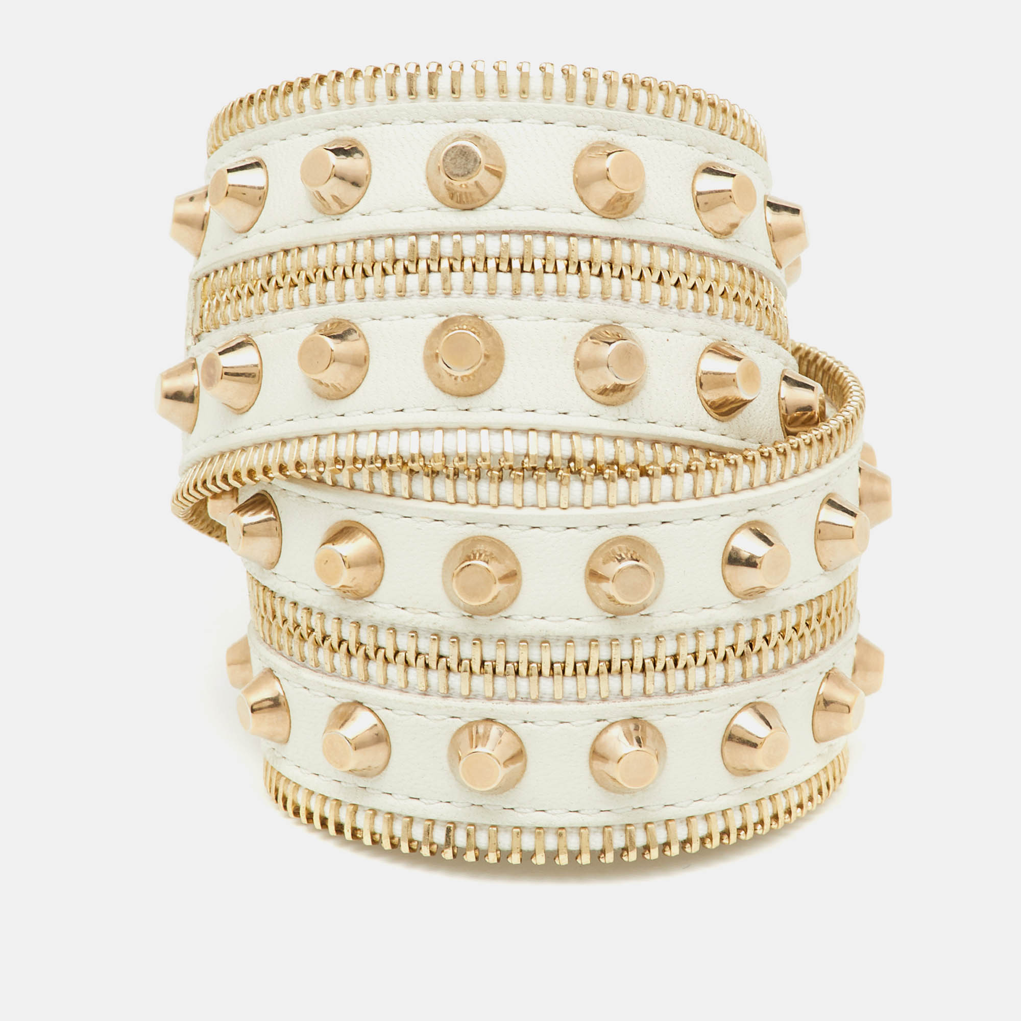 Pre-owned Versace White Leather Studded Double Wrap Wide Bracelet