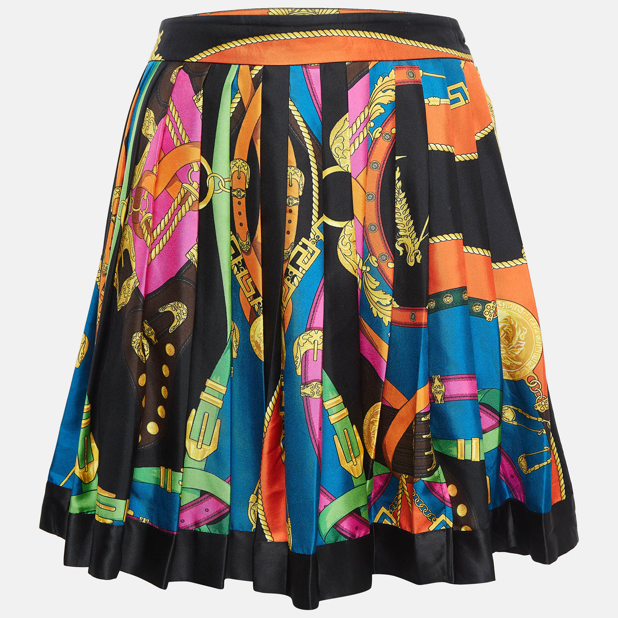 Pre-owned Versace Black/multicolor Printed Silk Mini Skirt M