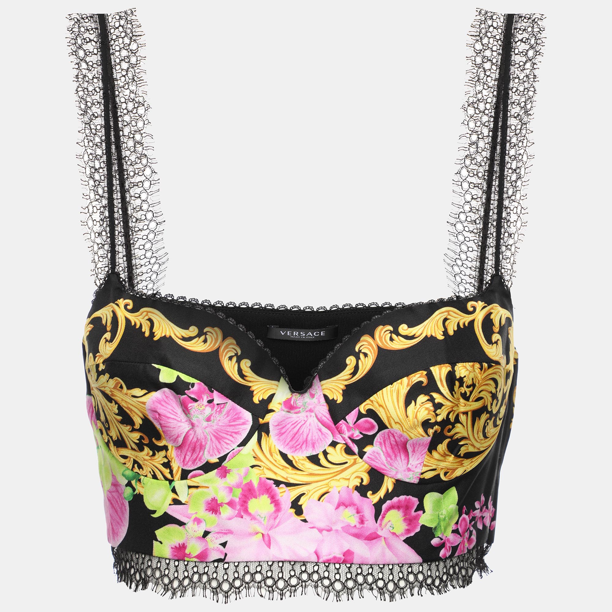 

Versace Multicolor Medusa Orchid Print Silk Bustier Crop Top S