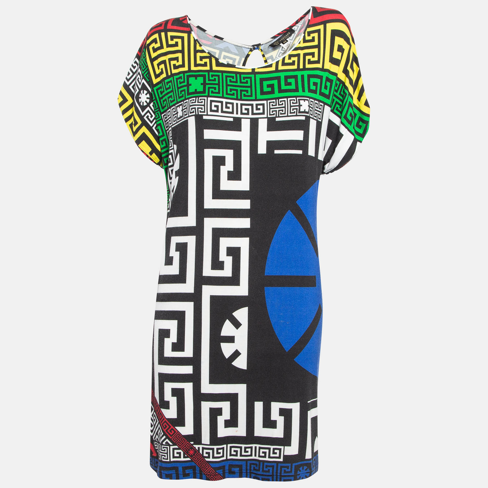 

Versace Multicolor Geometric Greek Print Jersey Mini Dress L