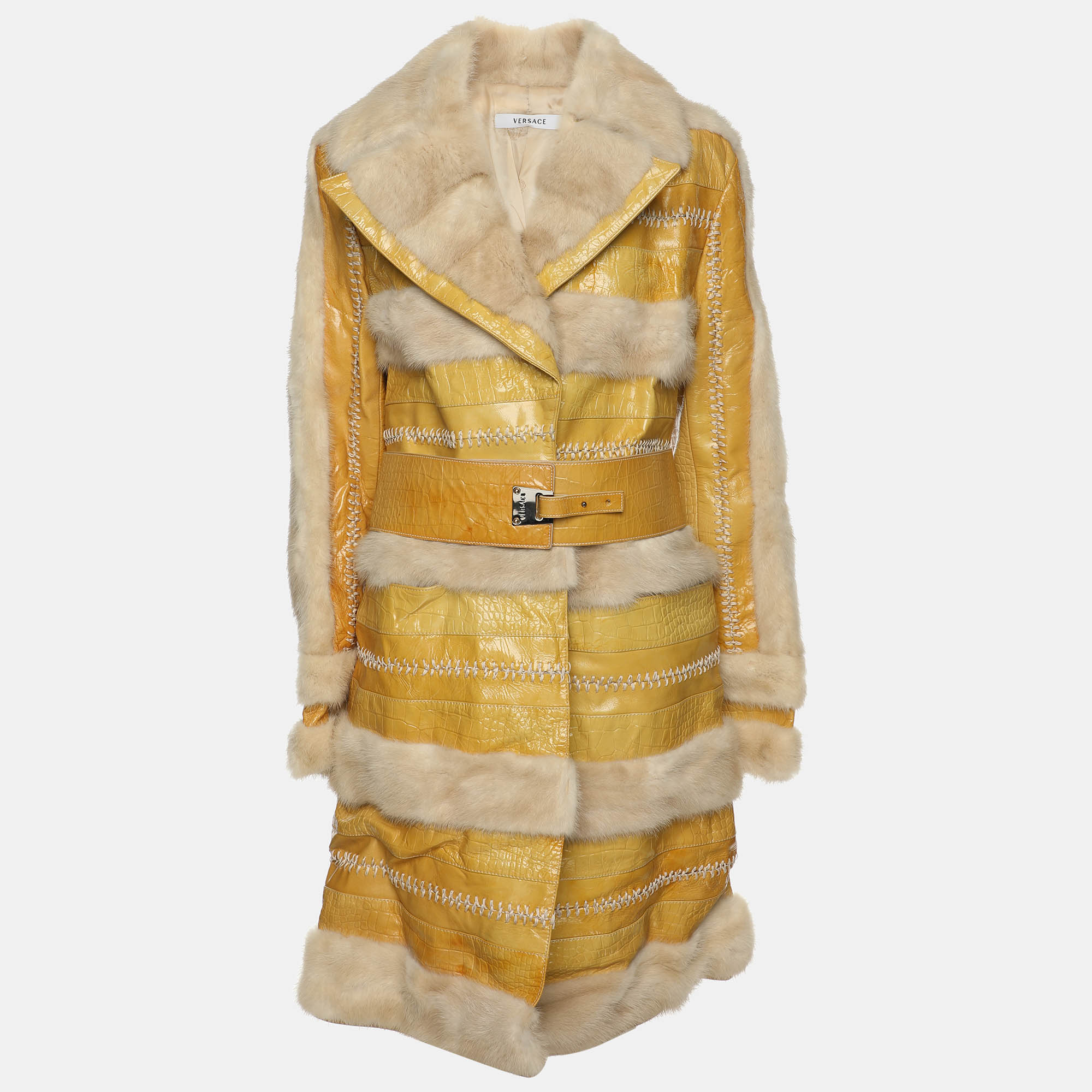 

Versace Yellow/Beige Leather and Mink Fur Long Coat L