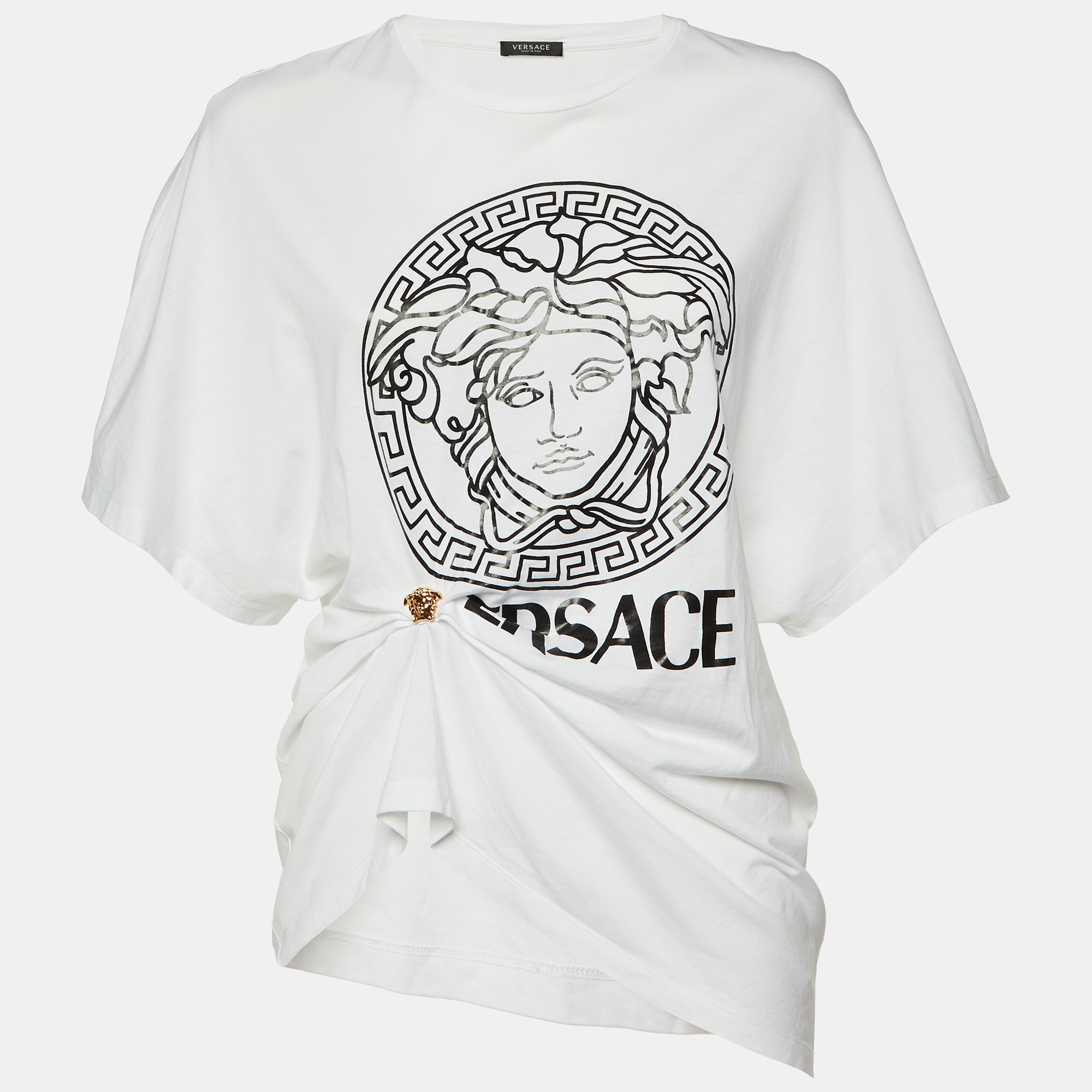 

Versace White Logo Print Cotton Medusa Gathered Detail T-Shirt S