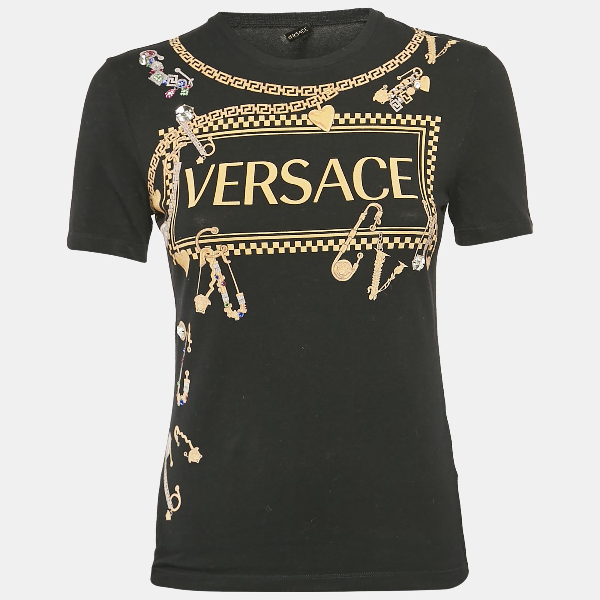 

Versace Black Logo and Pins Print Jersey Embellished T-Shirt S, Blue