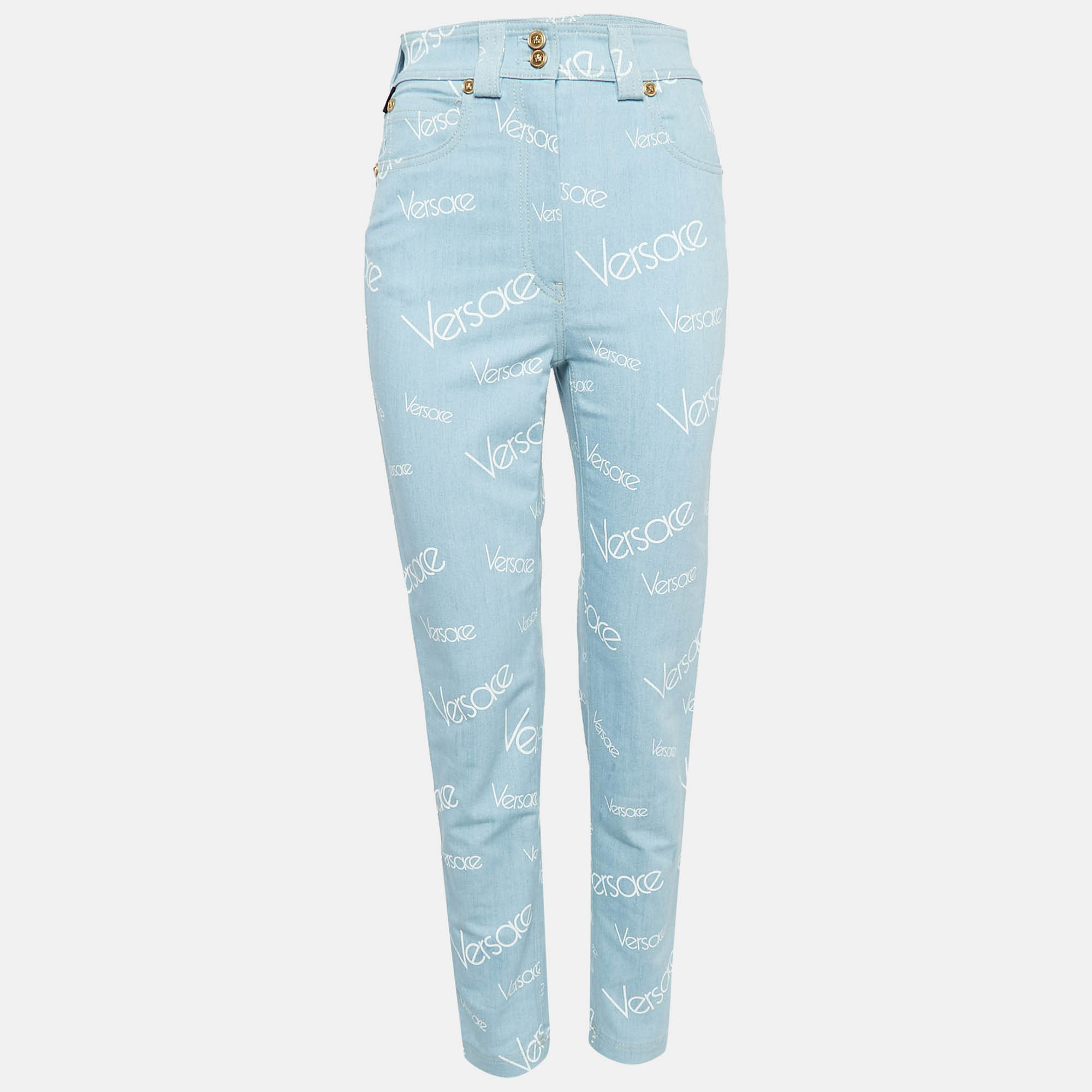 

Versace Light Blue Logo All Over Print Denim Skinny Jeans S Waist 27"