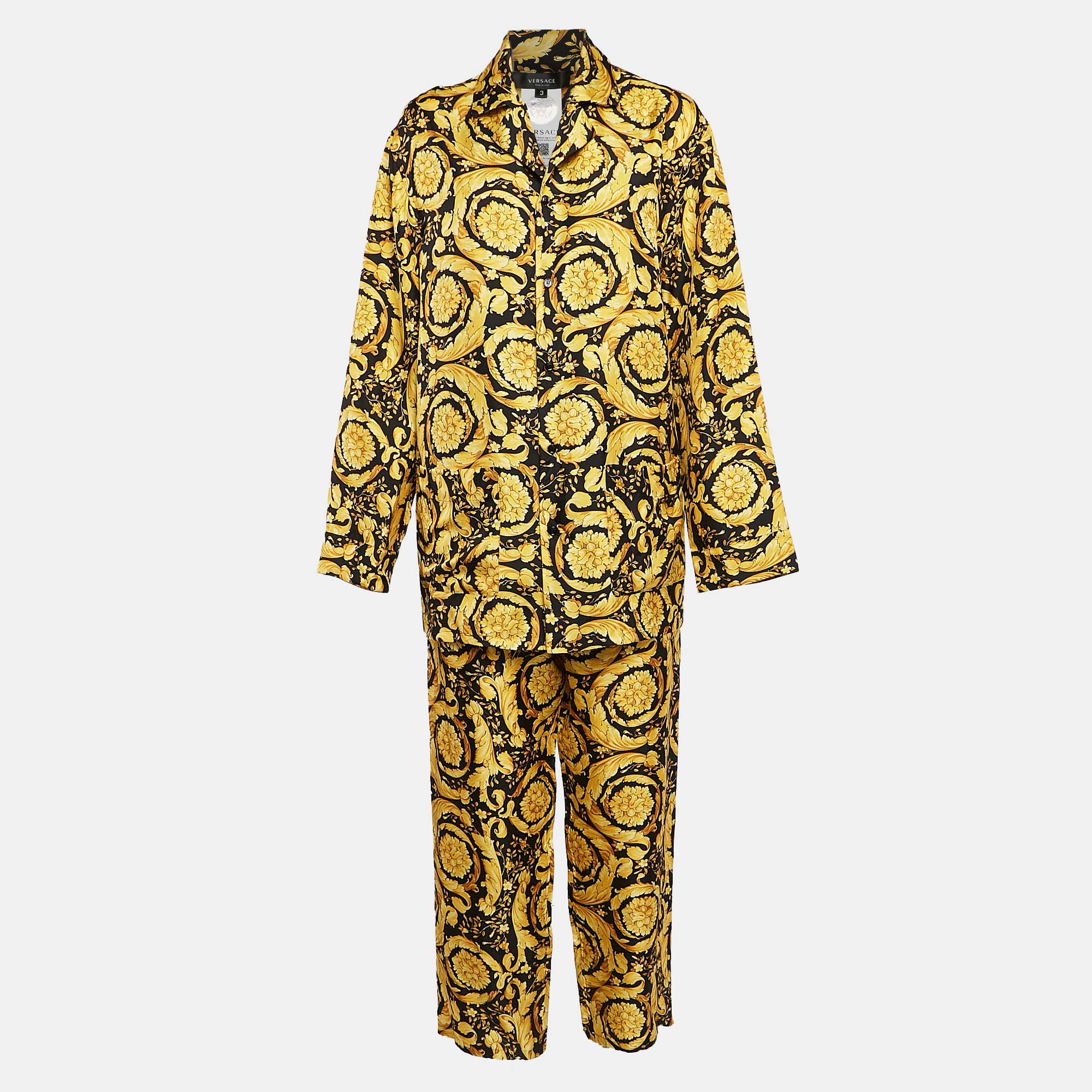 

Versace Yellow/Black Barocco Print Silk Pajama Set L