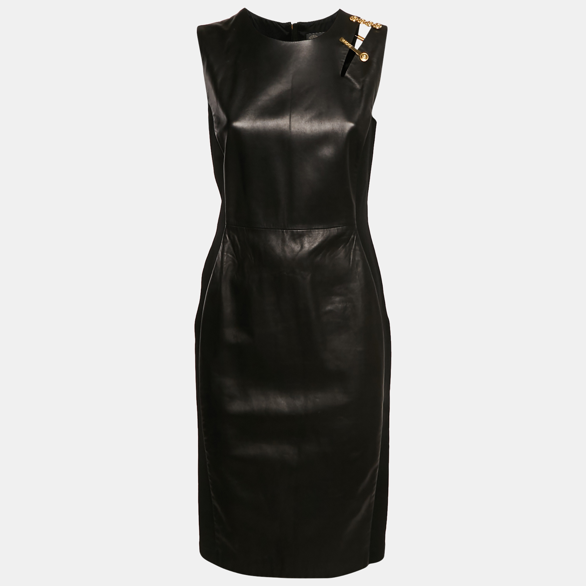 

Versace Black Leather and Jersey Sleeveless Brooch Detail Bodycon Dress M