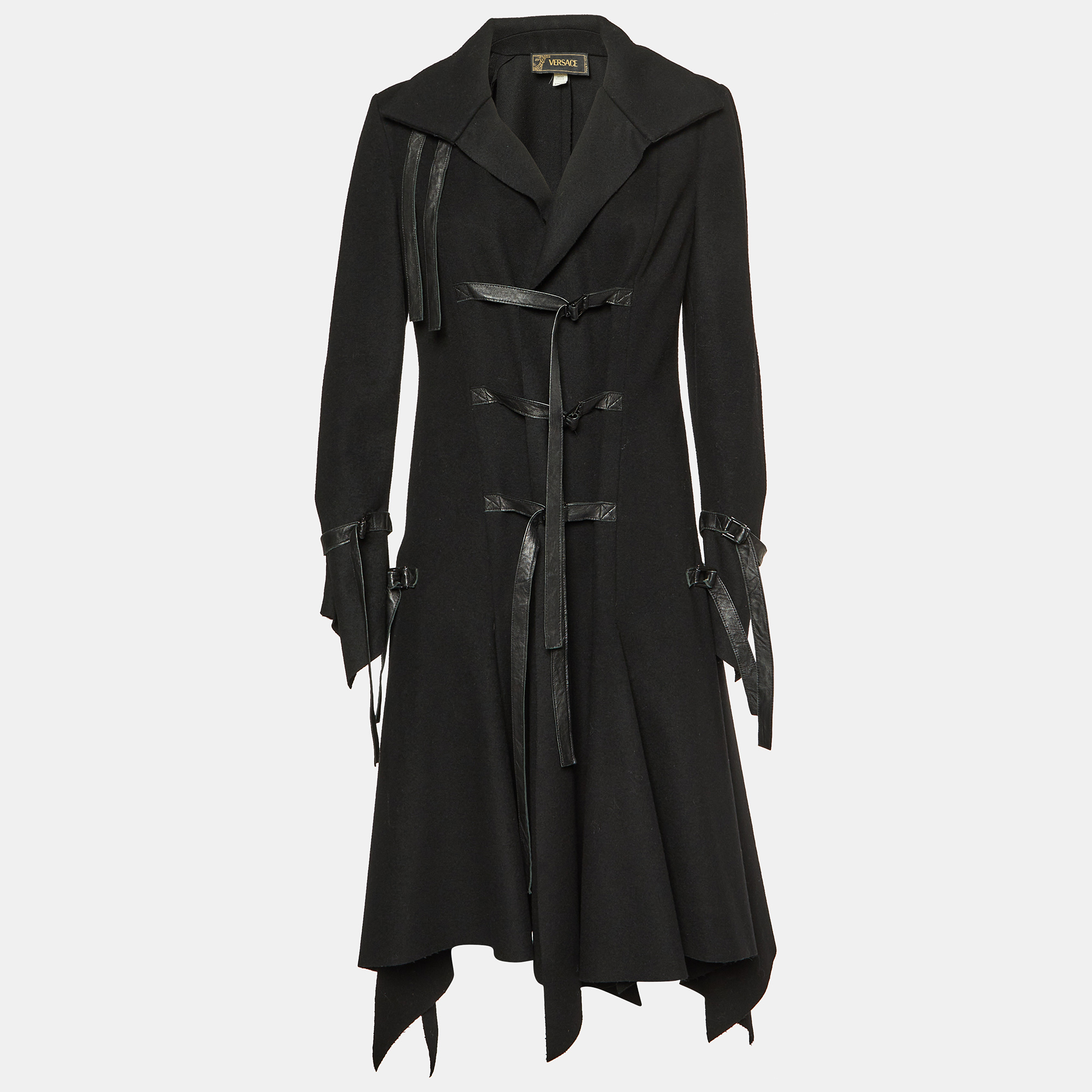 

Versace Black Wool Leather Strap Detail Flared Coat M