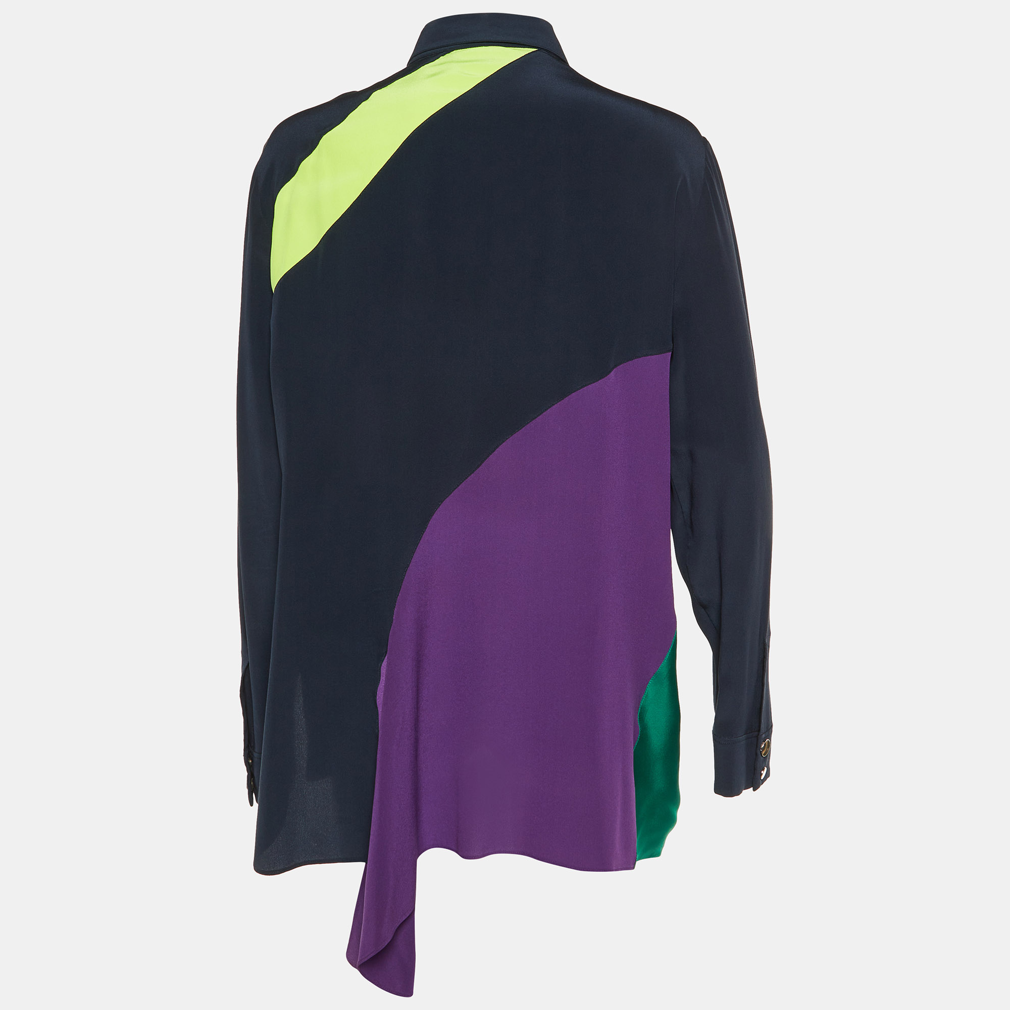 Versace Navy Blue Color Block Silk Asymmetric Shirt L 
