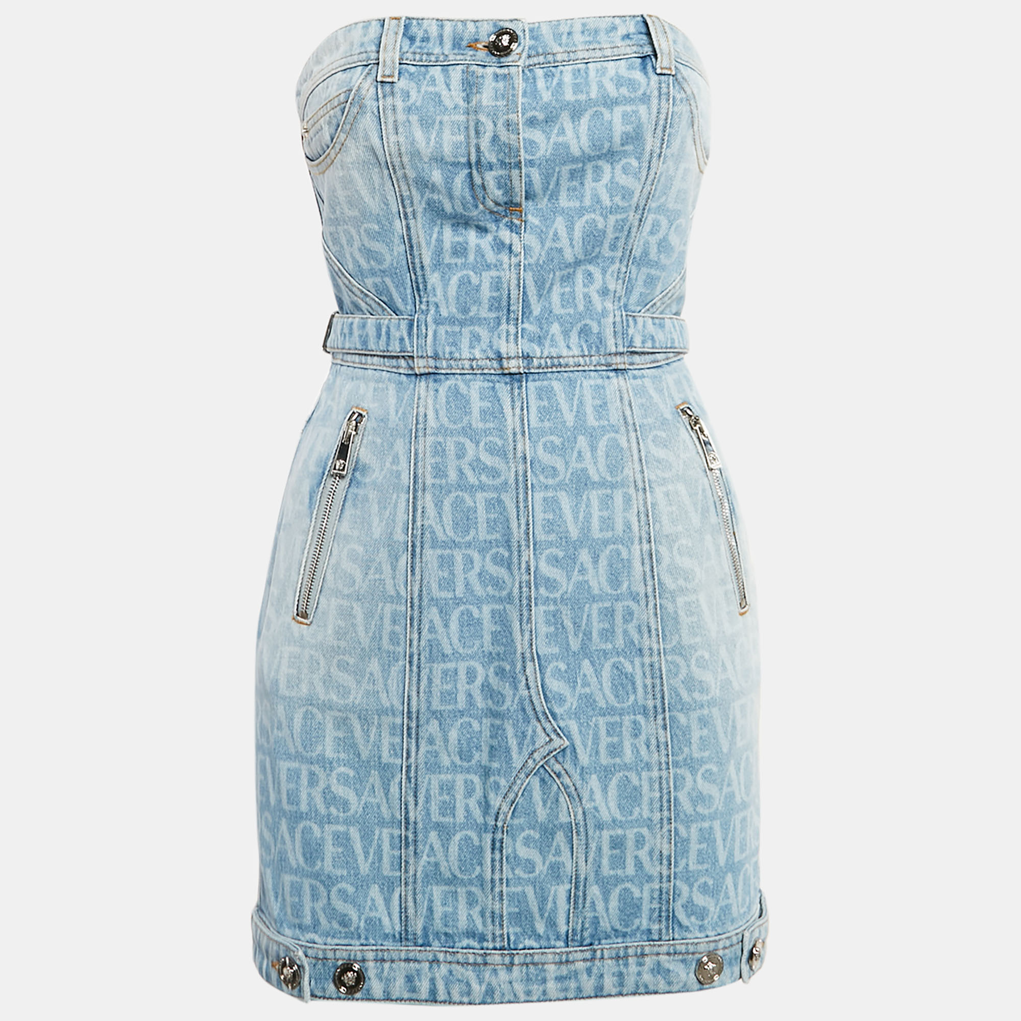 

Versace Blue Logo Print Denim Strapless Mini Dress S