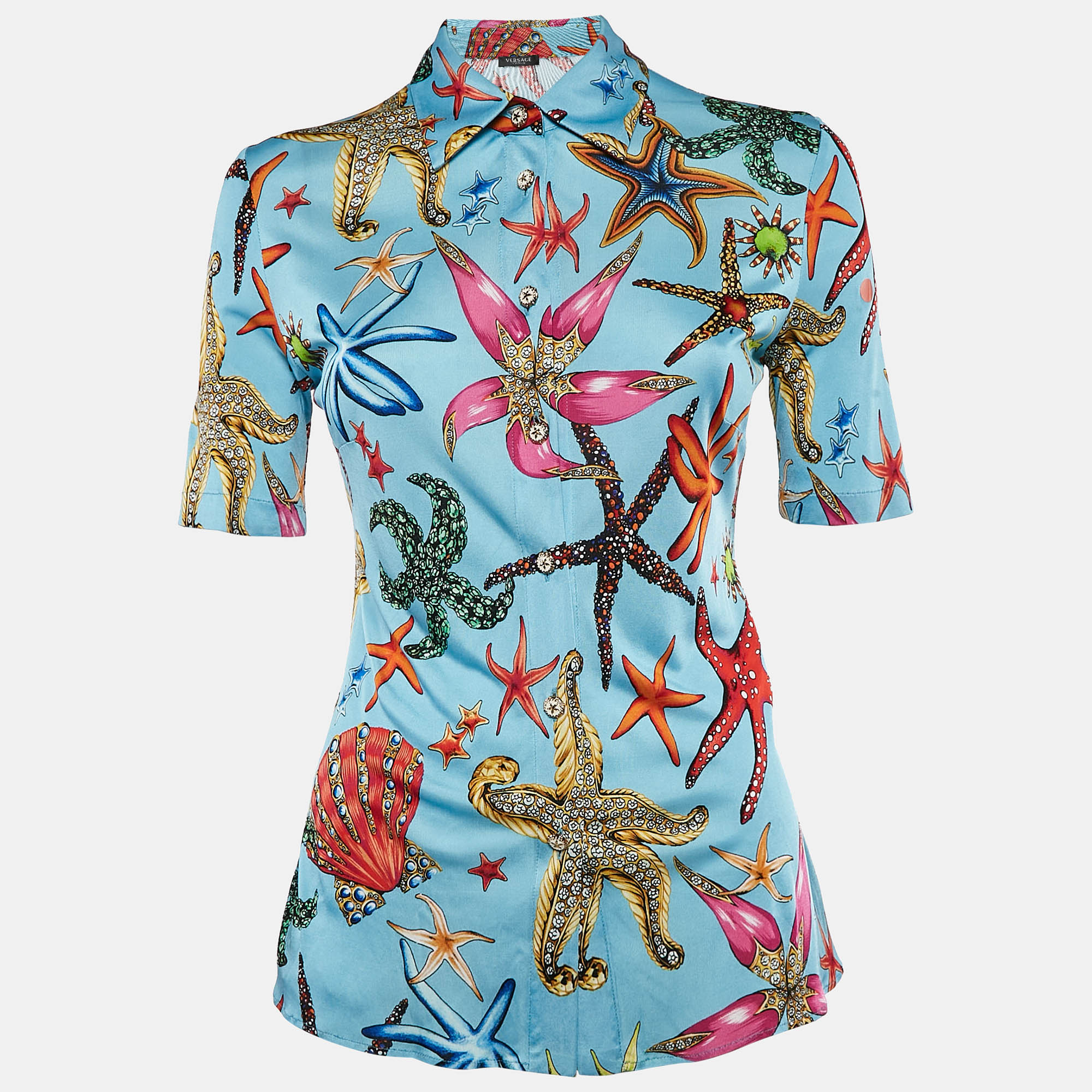 

Versace Blue Star Fish Print Jersey Button Front Tresor De La Mer Blouse S