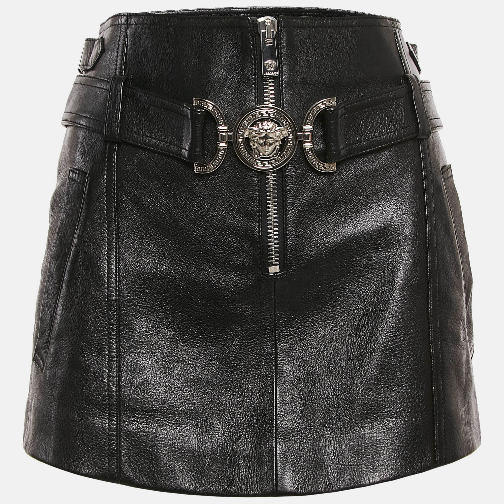 

Versace Black Leather Medusa Detail Belt Mini Skirt S