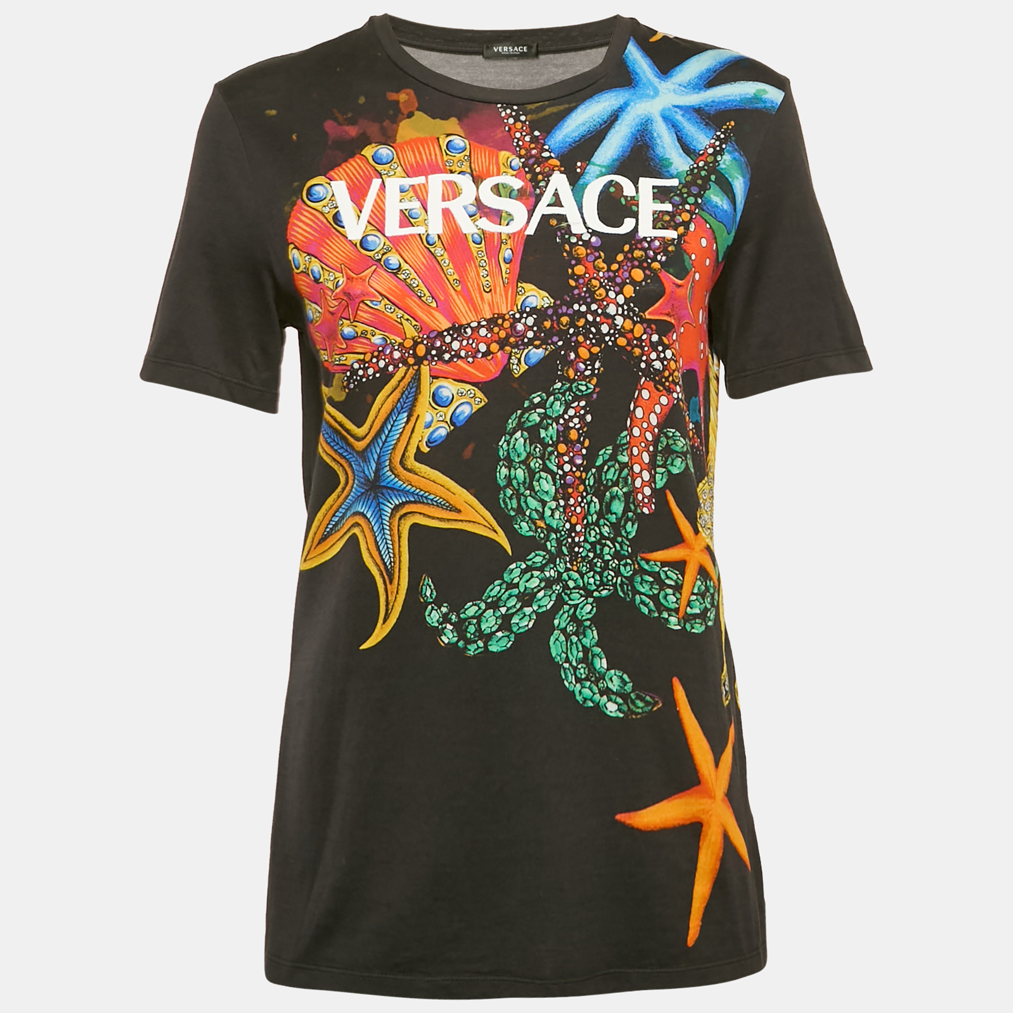 Pre-owned Versace Black Starfish Print Jersey Crew Neck T-shirt S