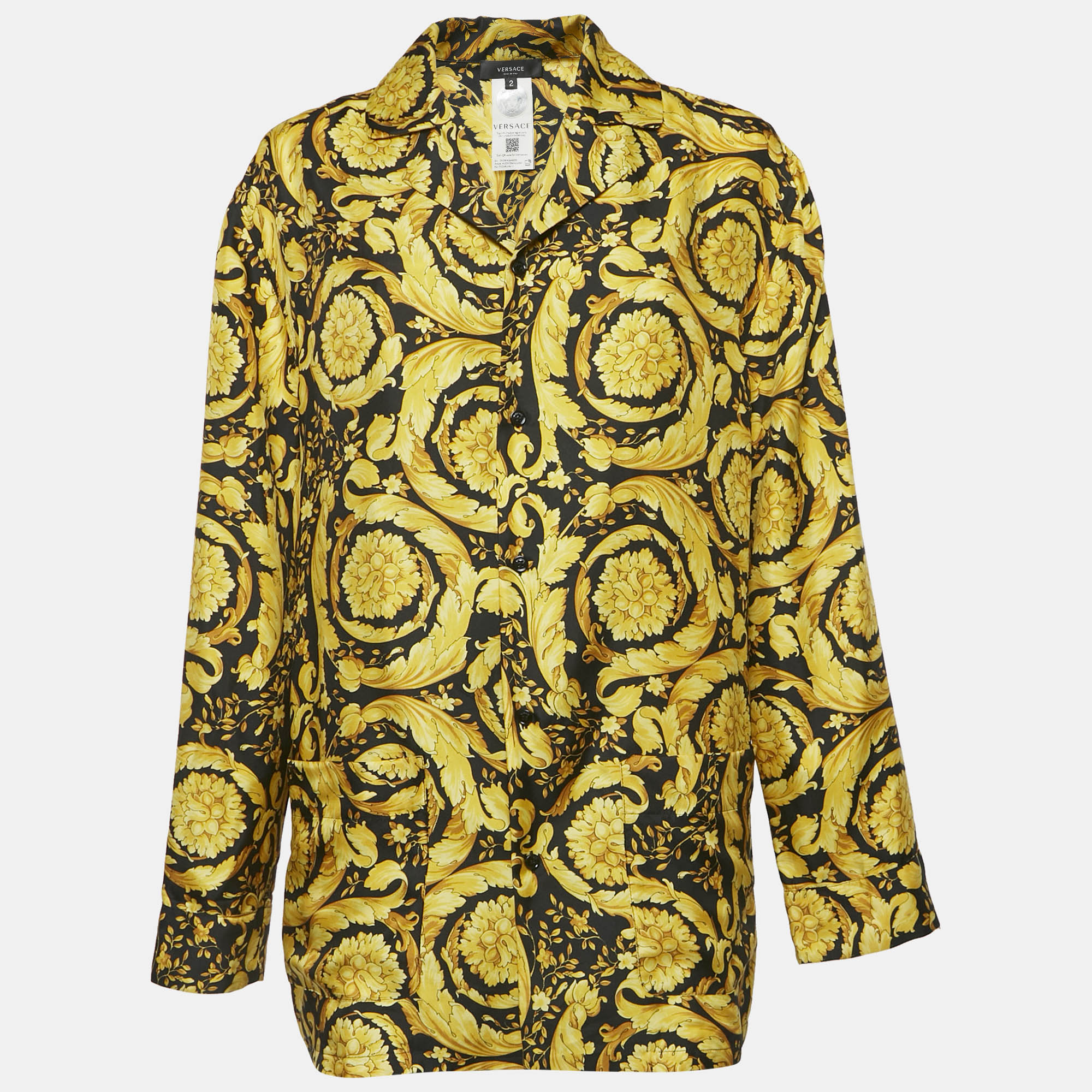 

Versace Yellow Barocco Print Silk Pajama Shirt S
