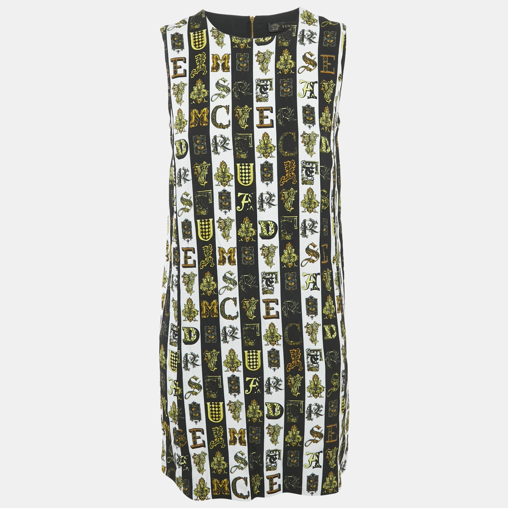 Pre-owned Versace Black/white Printed Crepe Sleeveless Dress M