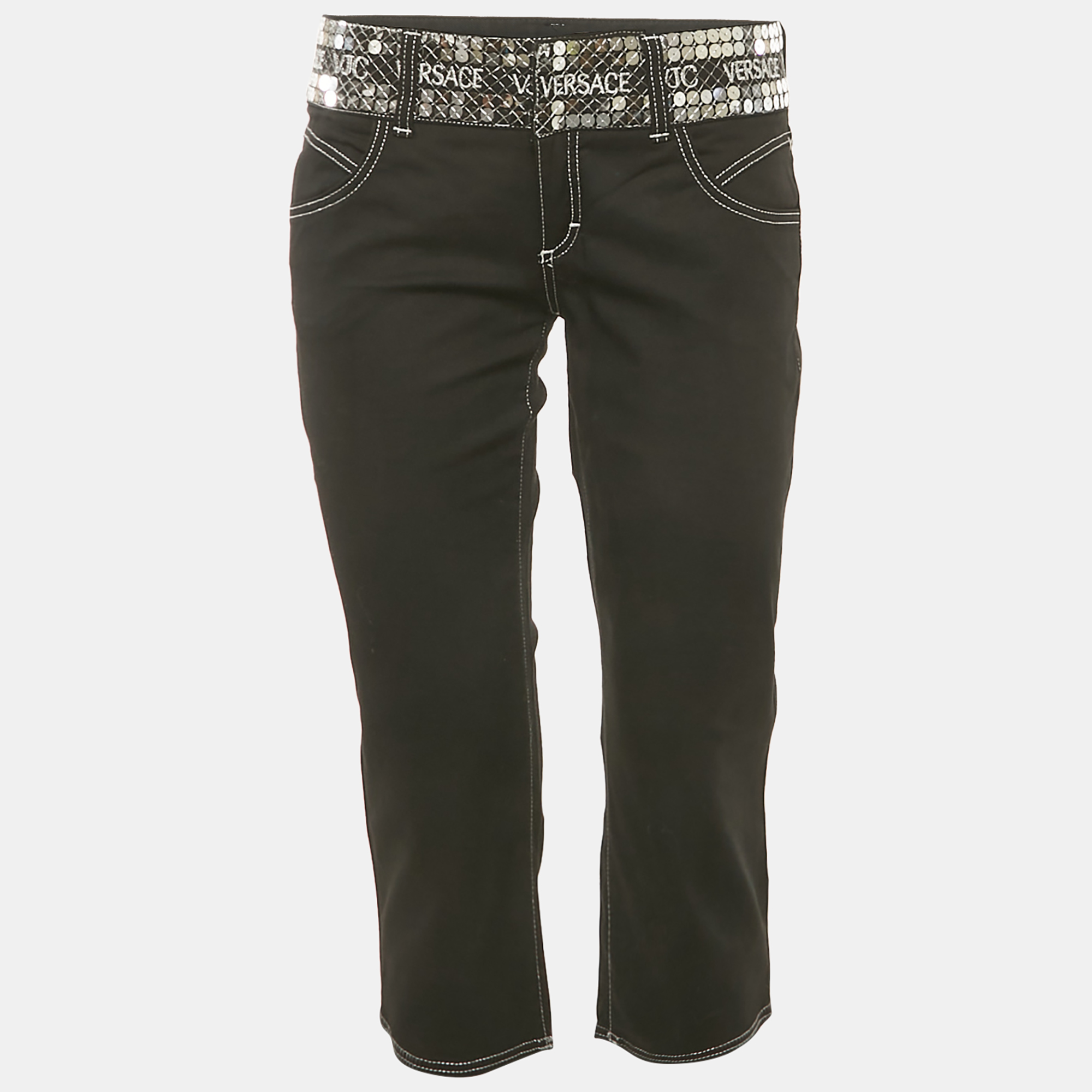 

Versace Black Gabardine Cotton Waist Sequin Detail Capri Pants M