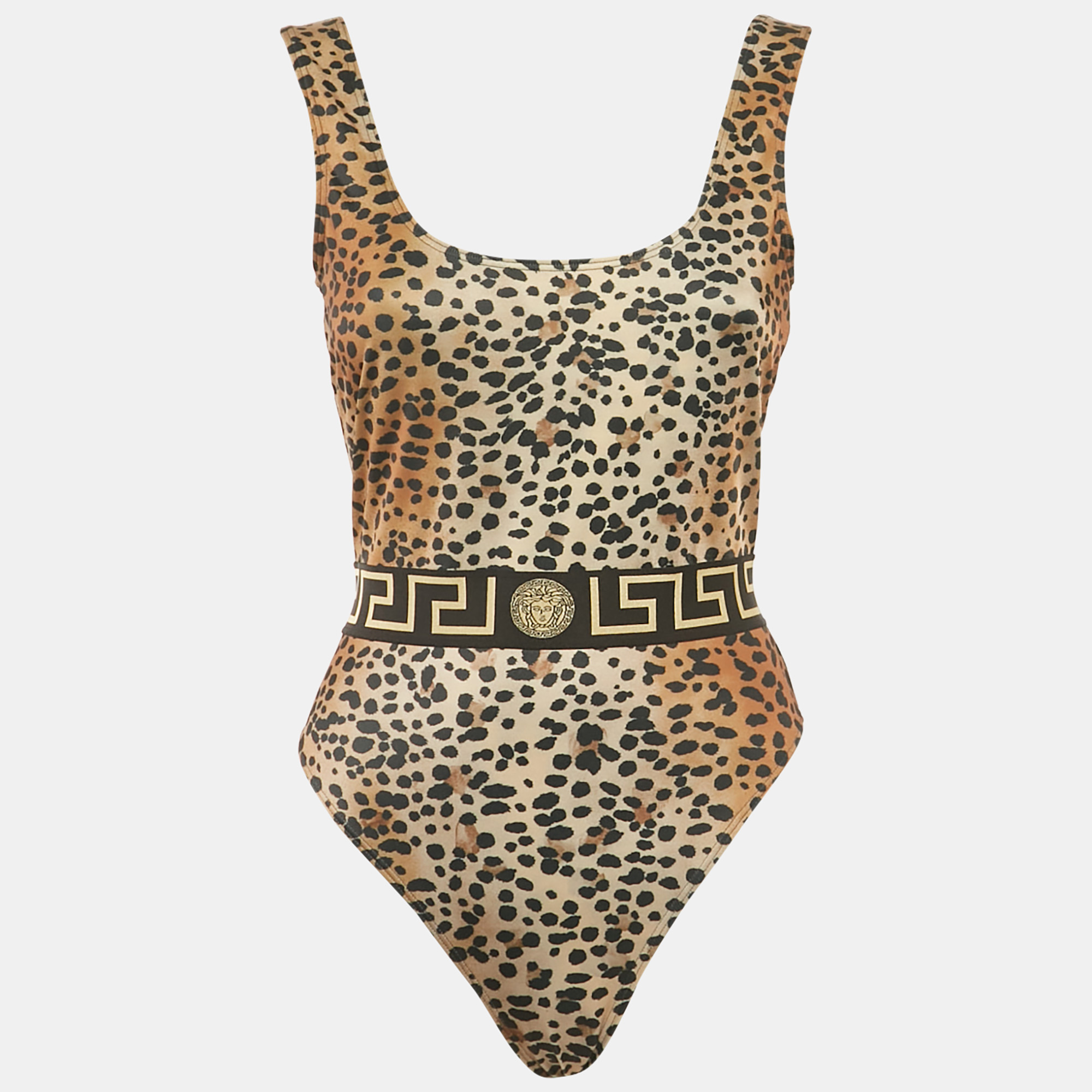 

Versace Brown Leopard Print Jersey Greca Trim Swimsuit S