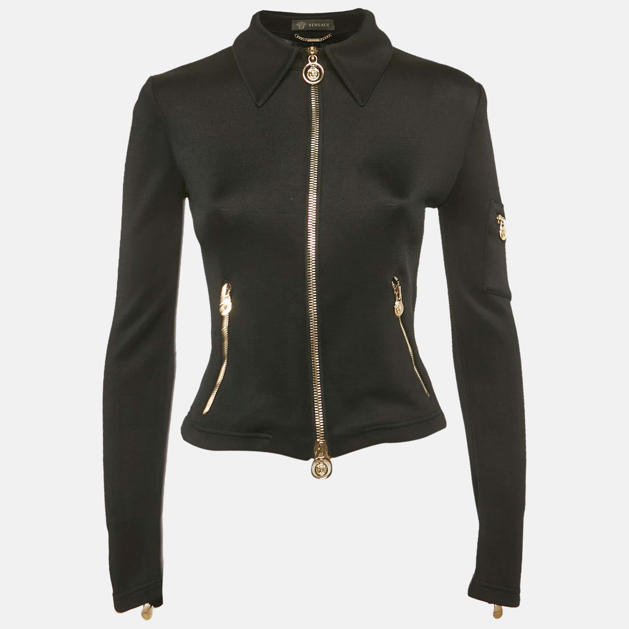 Pre-owned Versace Black Stretch Knit Medusa Hardware Detail Cropped Jacket Xxs