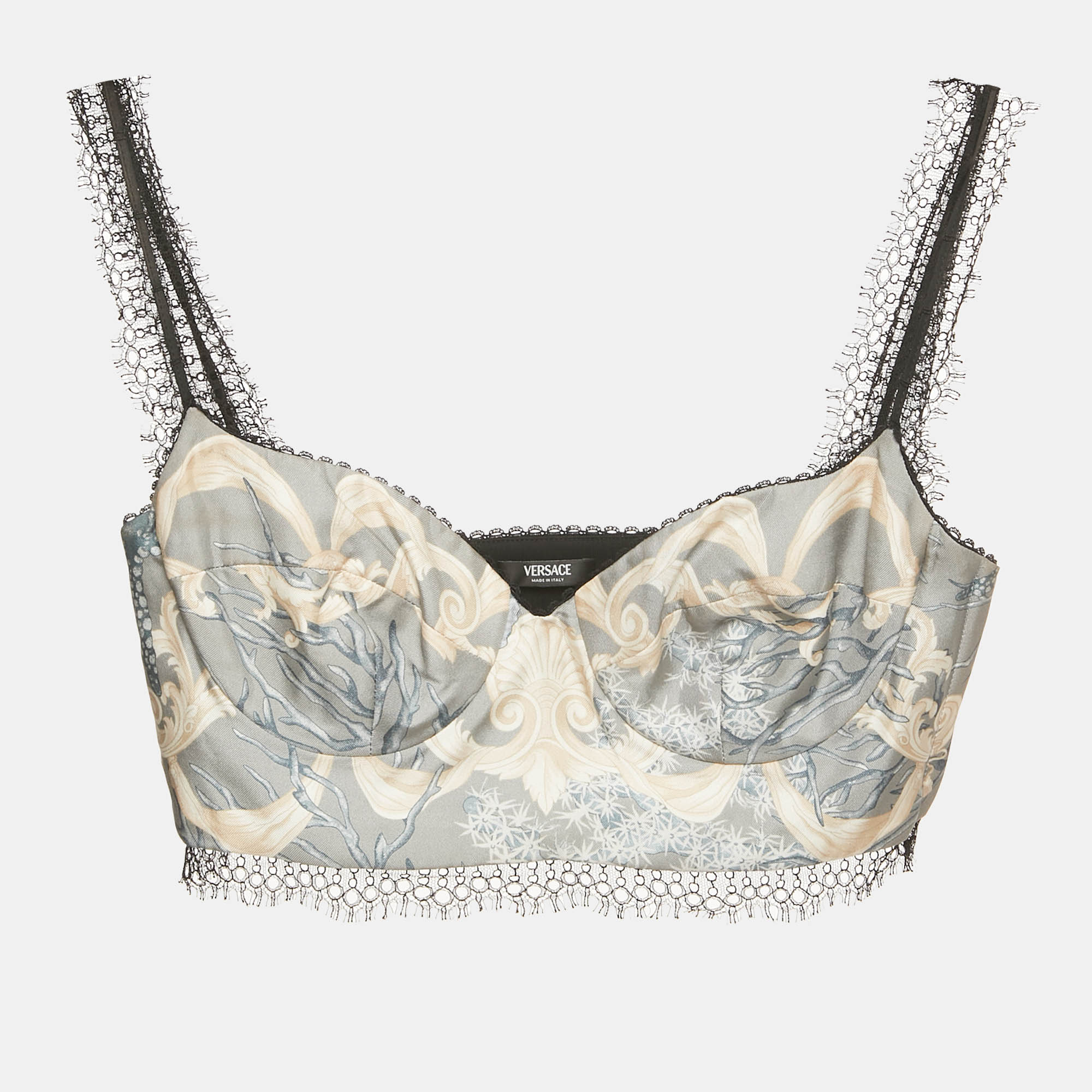Pre-owned Versace Grey Printed Silk Blend Lace Trim Bralette Top Xs In Green