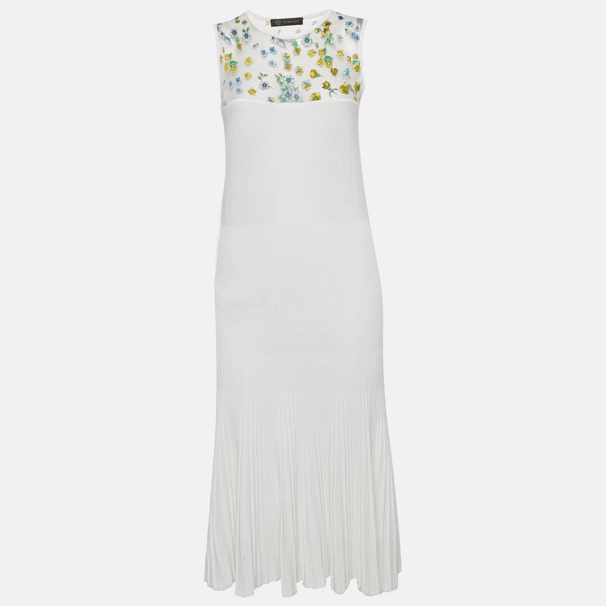 Pre-owned Versace White Floral Print Mesh And Knit Flared Midi Dress L