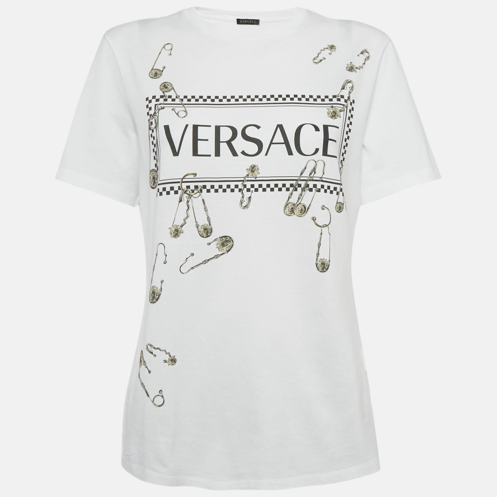 

Versace White Logo and Pin Print Cotton Crew Neck T-Shirt M