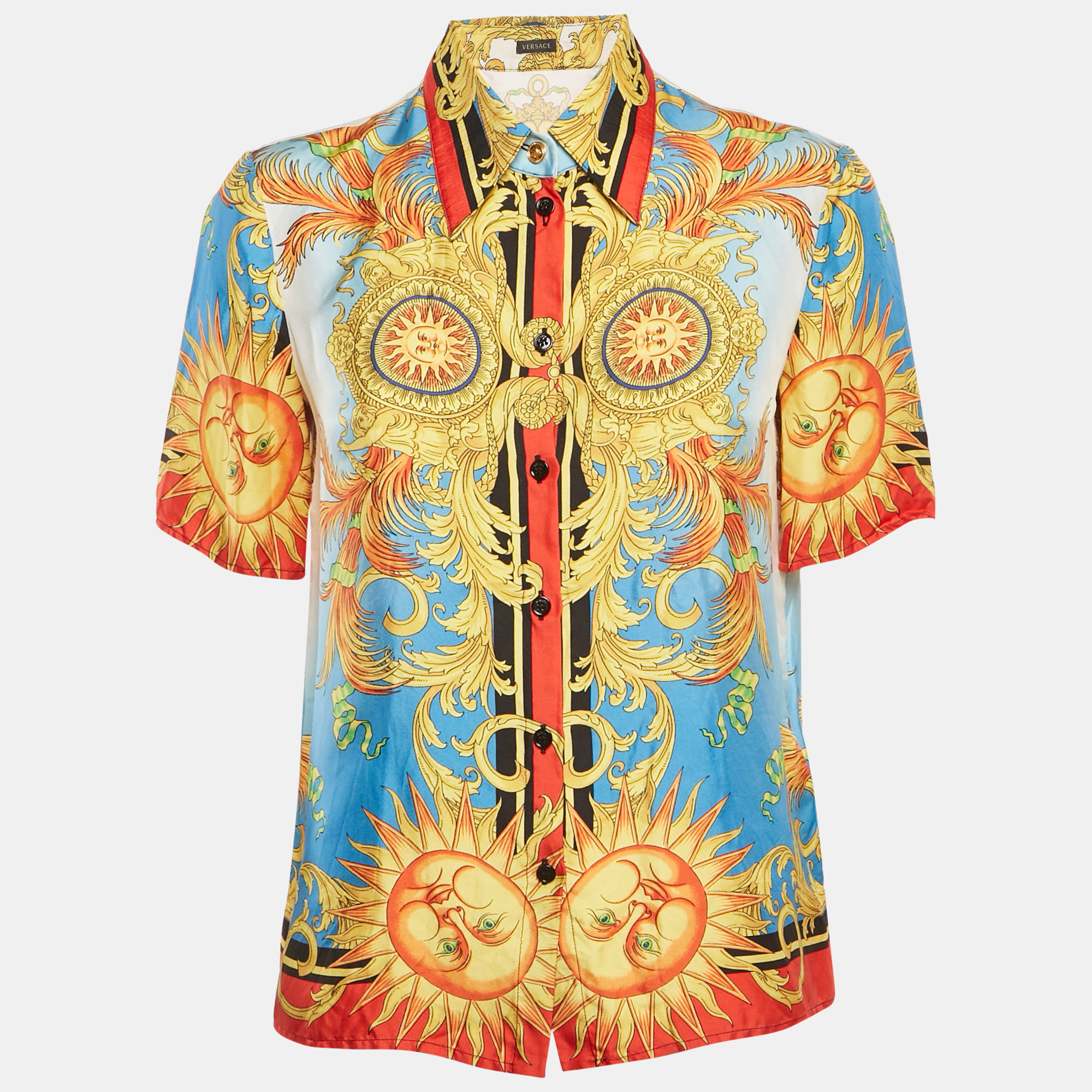 Pre-owned Versace Multicolor Barqoue Print Silk Short Sleeve Shirt S